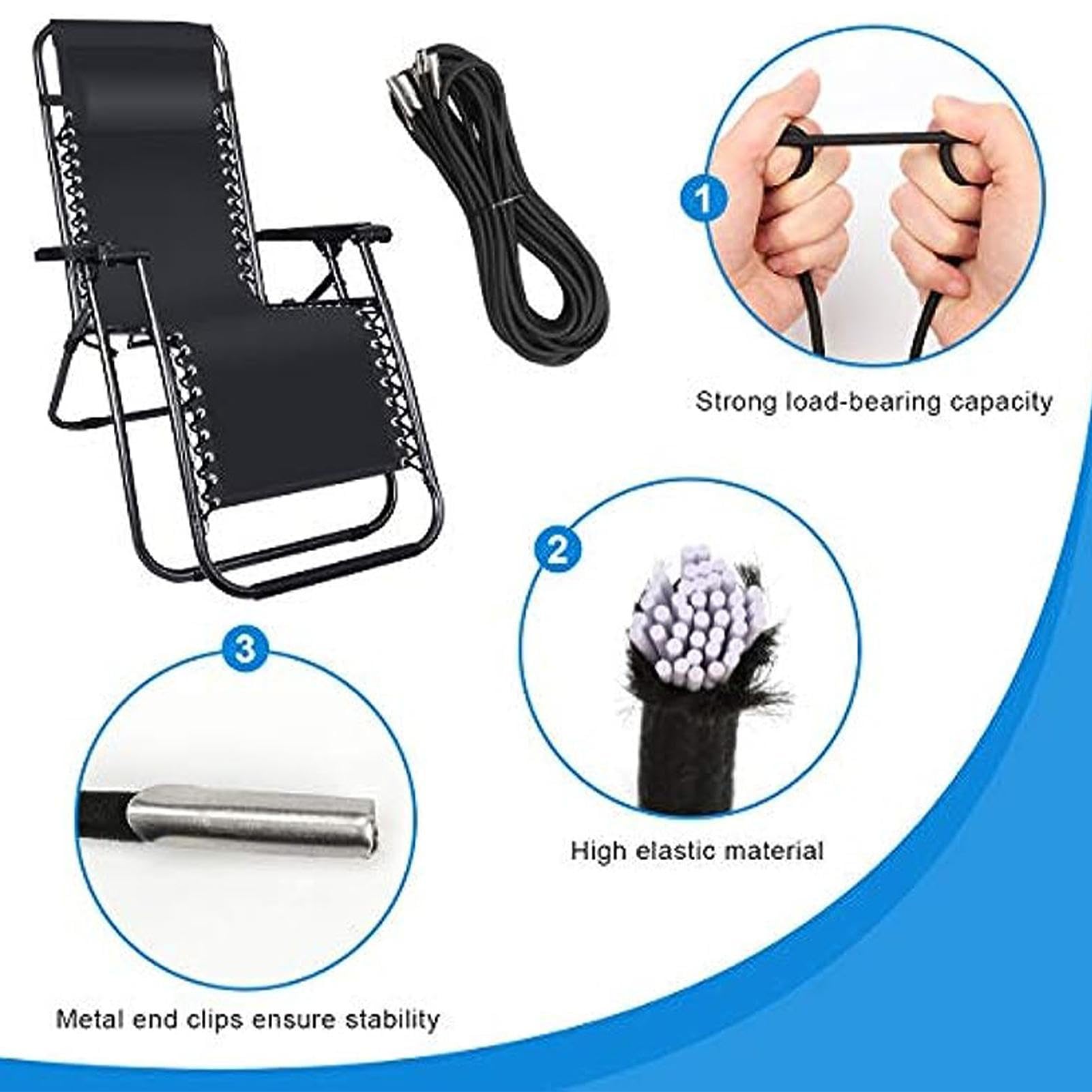 Kit De 4 Cuerdas Elásticas De Nailon Para Reparar Sillas De Patio Y Tumbonas, Incluye 2 Largas (87") Y 2 Cortas (54"), Resistentes Y Fáciles De Instalar, En Color Negro