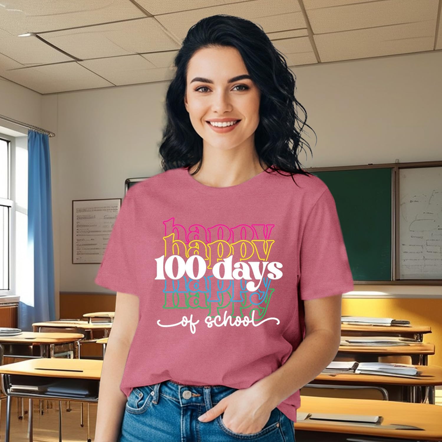 Happy 100 Days of School Shirts for Women 100th Day T-Shirts Teacher Life Tee Tops - Image 2
