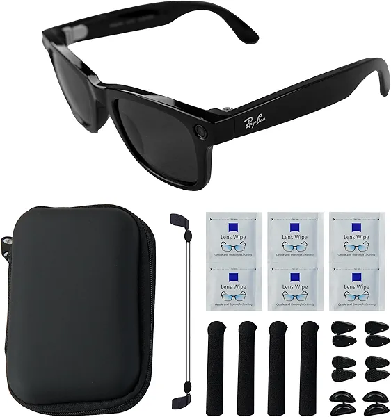 Smart Glasses Accessories Kit for RayBan/Oakley Meta Wayfarer/Headliner/Skyler – Includes Storage Case, 6 Pairs Nose Pads, Adjustable Anti-Drop Lanyard, 6 Pcs Lens Cleaning Papers, 2 Pairs Holders