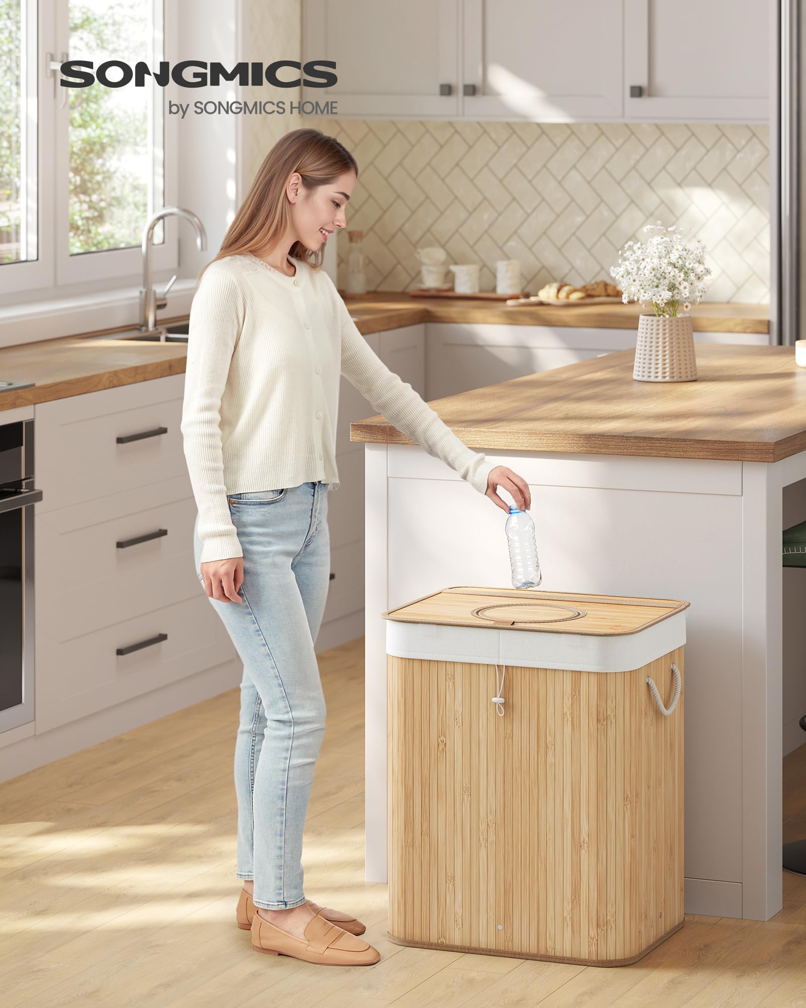 Songmics Verpakkingsfles, 95 liter, pandjesflescontainer, bamboe, flessenverzamelaar, leeg, recyclecontainer, met gaten, deksel, binnenzak met handvat, keuken, natuurlijk beige RRB060Y01