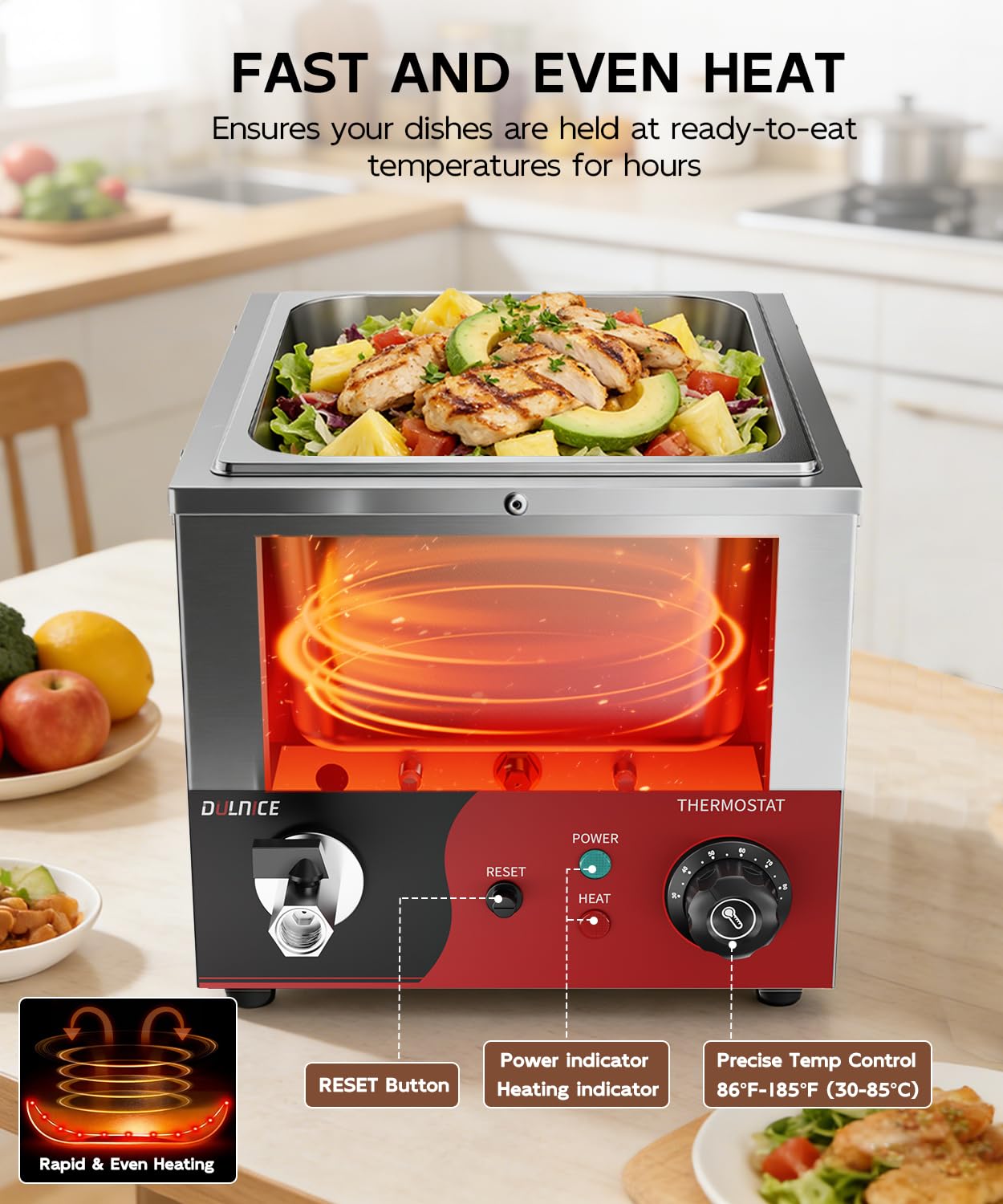 Bain Marie - Calentador eléctrico GN 1/2 con reinicio, 600 W, acero inoxidable, con grifo de desagüe, para fiestas, catering y restaurantes, 30-85 °C