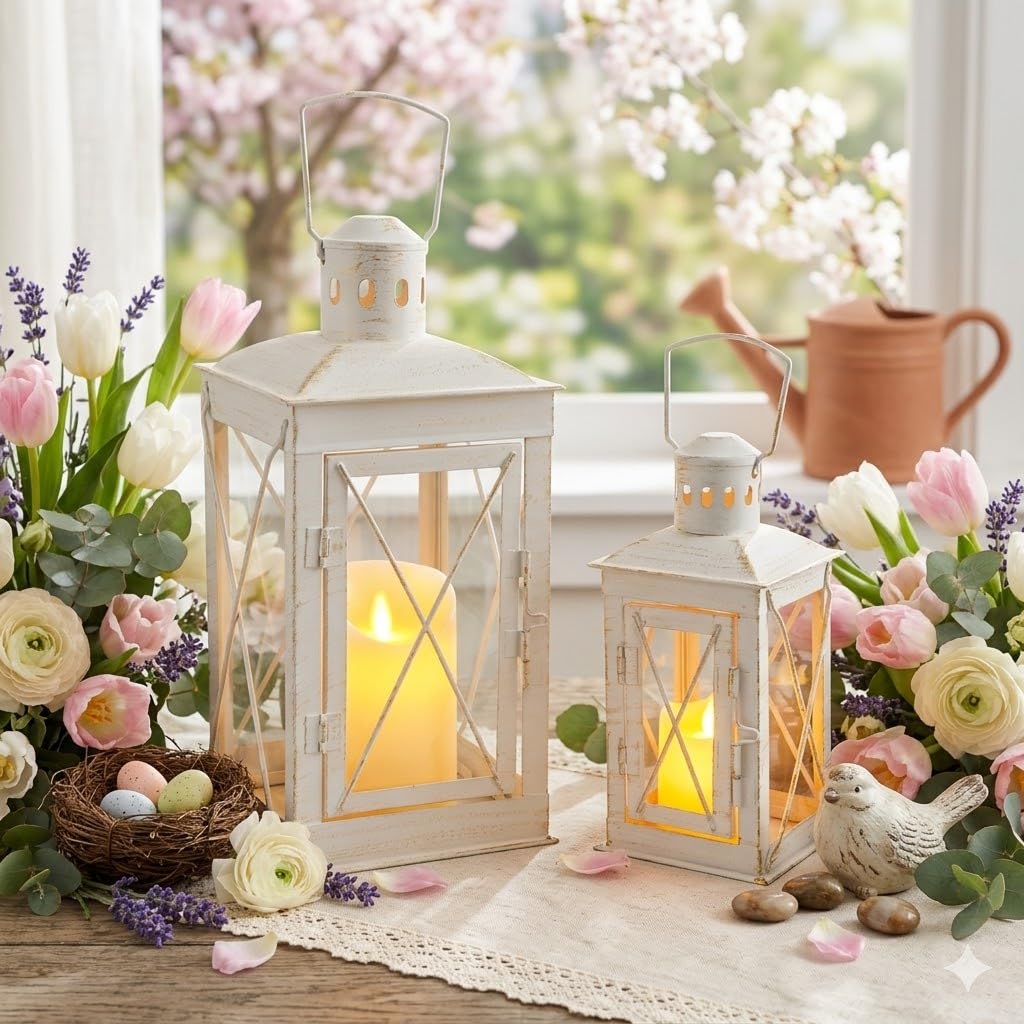 TRIROCKS Juego de 2 faroles decorativos para velas de metal de 30 cm y 20 cm de alto, perfecto para decoración del hogar, patio, sala de estar, fiestas, eventos, mesa, interiores y exteriores (blanco