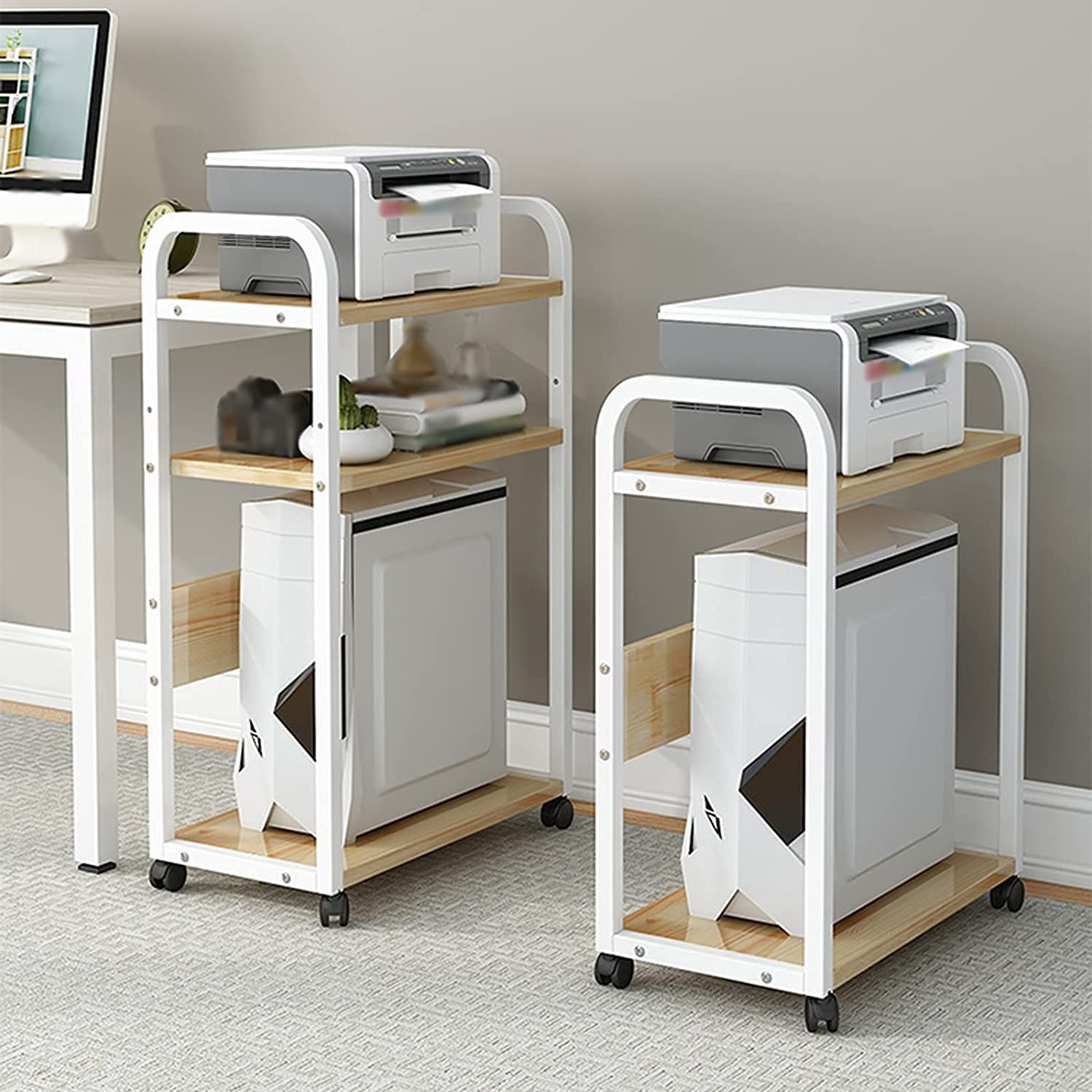 WouND Soporte de Torre de computadora de 3 Niveles Soporte de Carrito de PC Estante de Caja de PC de Madera Maciza con 4 Ruedas giratorias Soporte de Piso de Escritorio de Madera