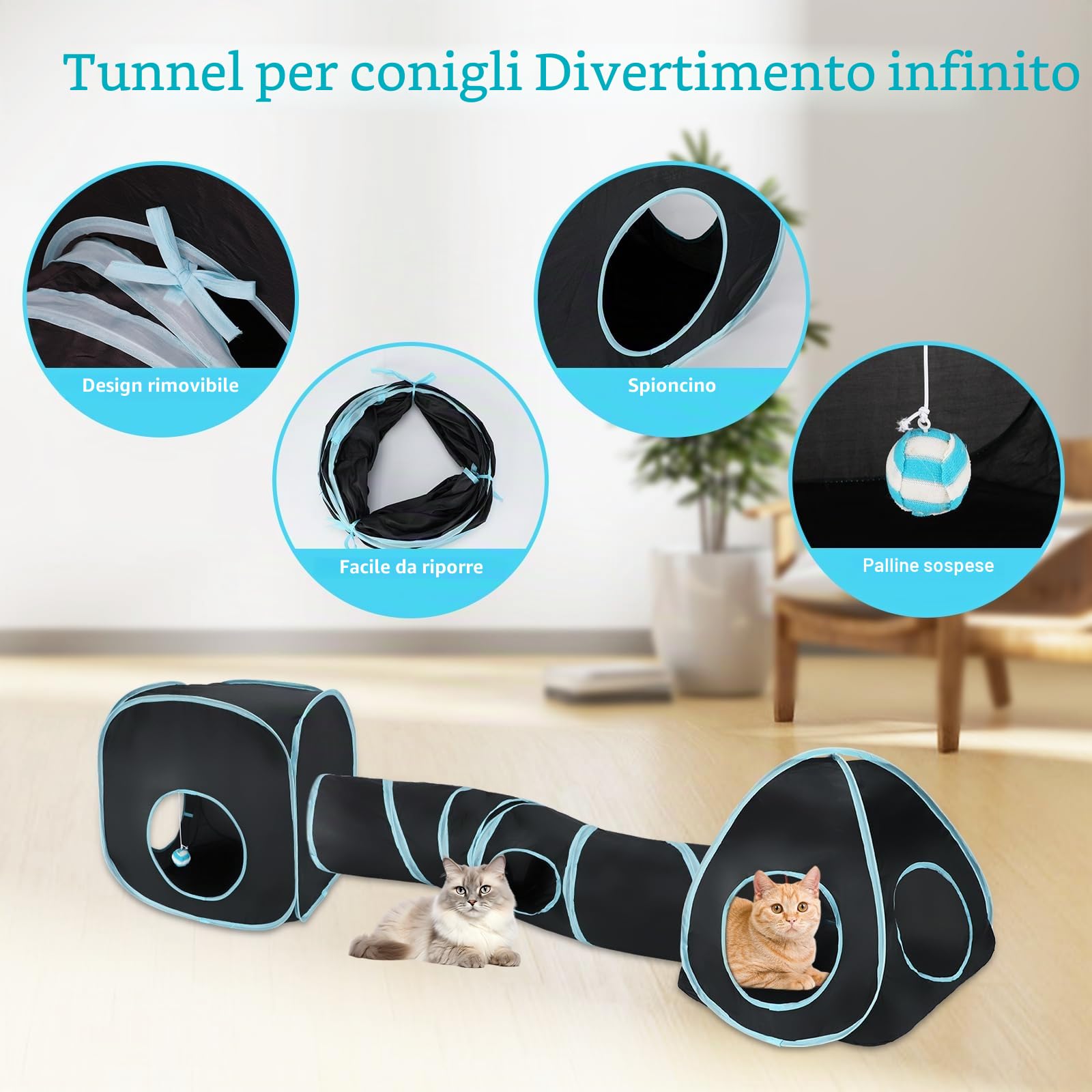 Tunnel per Gatti Casetta Portatile 3 in 1 Gioco Gatto,Tubo Interattivo Pieghevole per Gatti e Cubi per Divertimento,Esercizio e Gioco(Blu Nero)