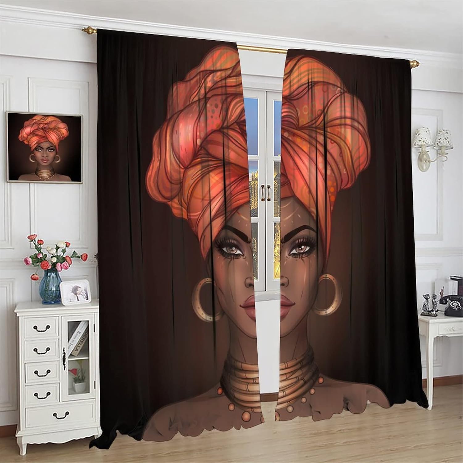 Beautiful African Woman Curtain Ethnic Tribe Black Girl Room Decor for Living Room Dining Children's Room Bedroom Blackout Rod Pocket Printed Window Drapes 42x54in