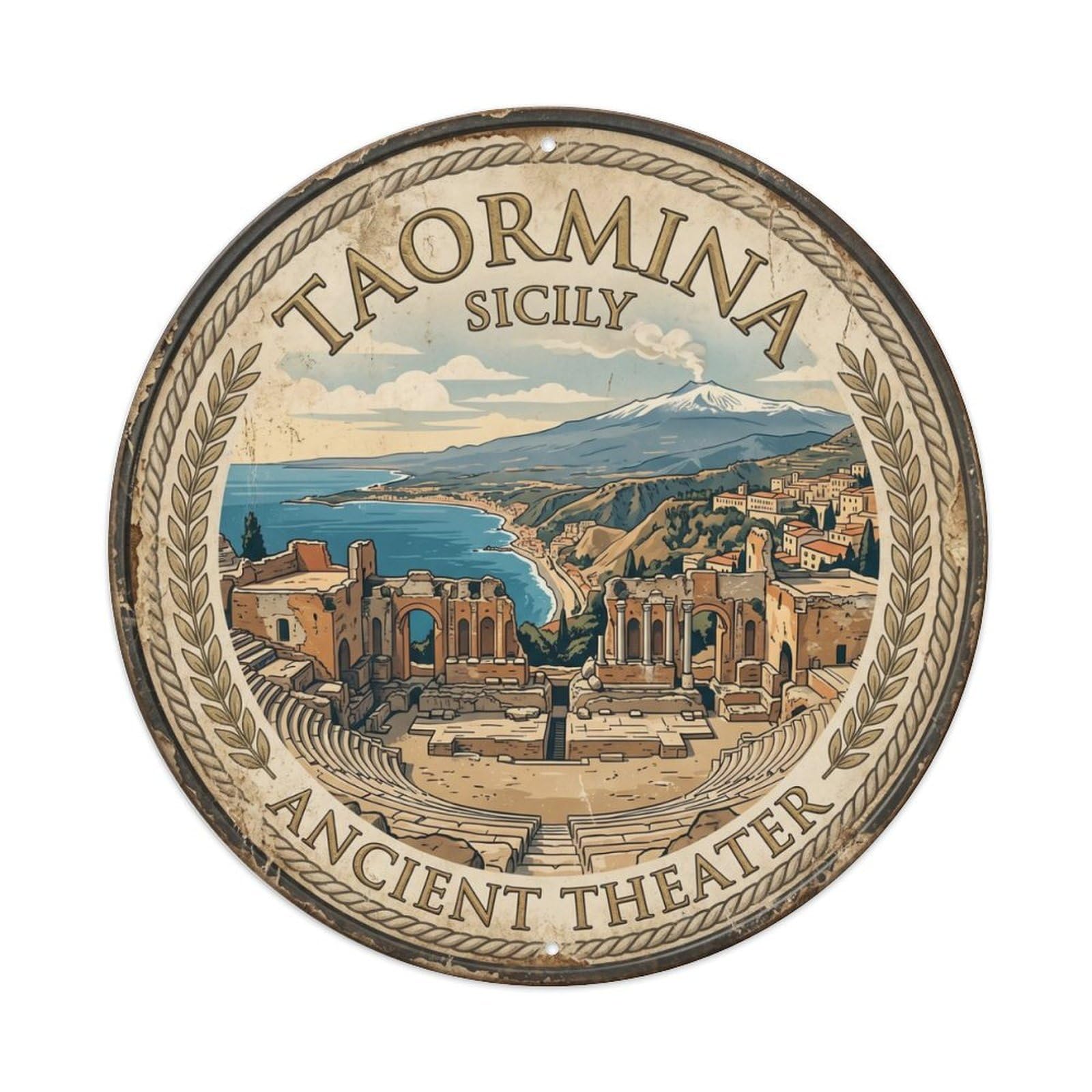 Gtthok Vintage Style-24 Vintage Travel Sicily Taormina Italy Metal Tin Sign Plaque Wall Decor For Cafe, Club, Garden Round Metal Poster 8X8inch