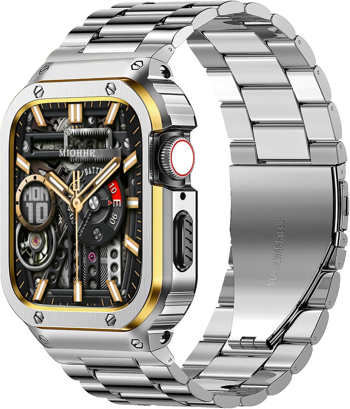 MioHHR Stainless Steel Band and Case Compatible with Apple Watch Band 46mm, Men Metal Protective Bumper Cover for iWatch Series 10 46mm, Silver/Gold