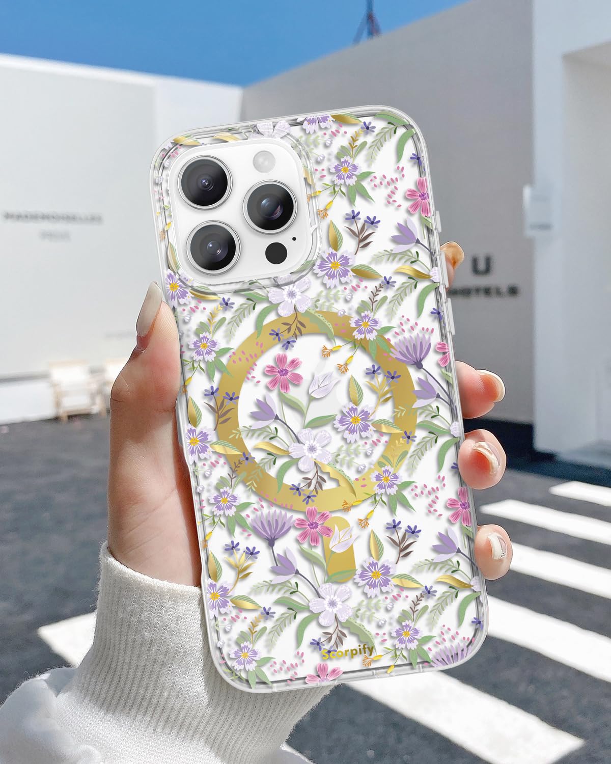 SCORPIFY For IPhone 10 Air Case [Compatible With MagSafe] With Purple Anemone Floral Design, Cute Clear Flower Phone Magnetic Cover For Women Girls, Slim Bumper With Gold Accents