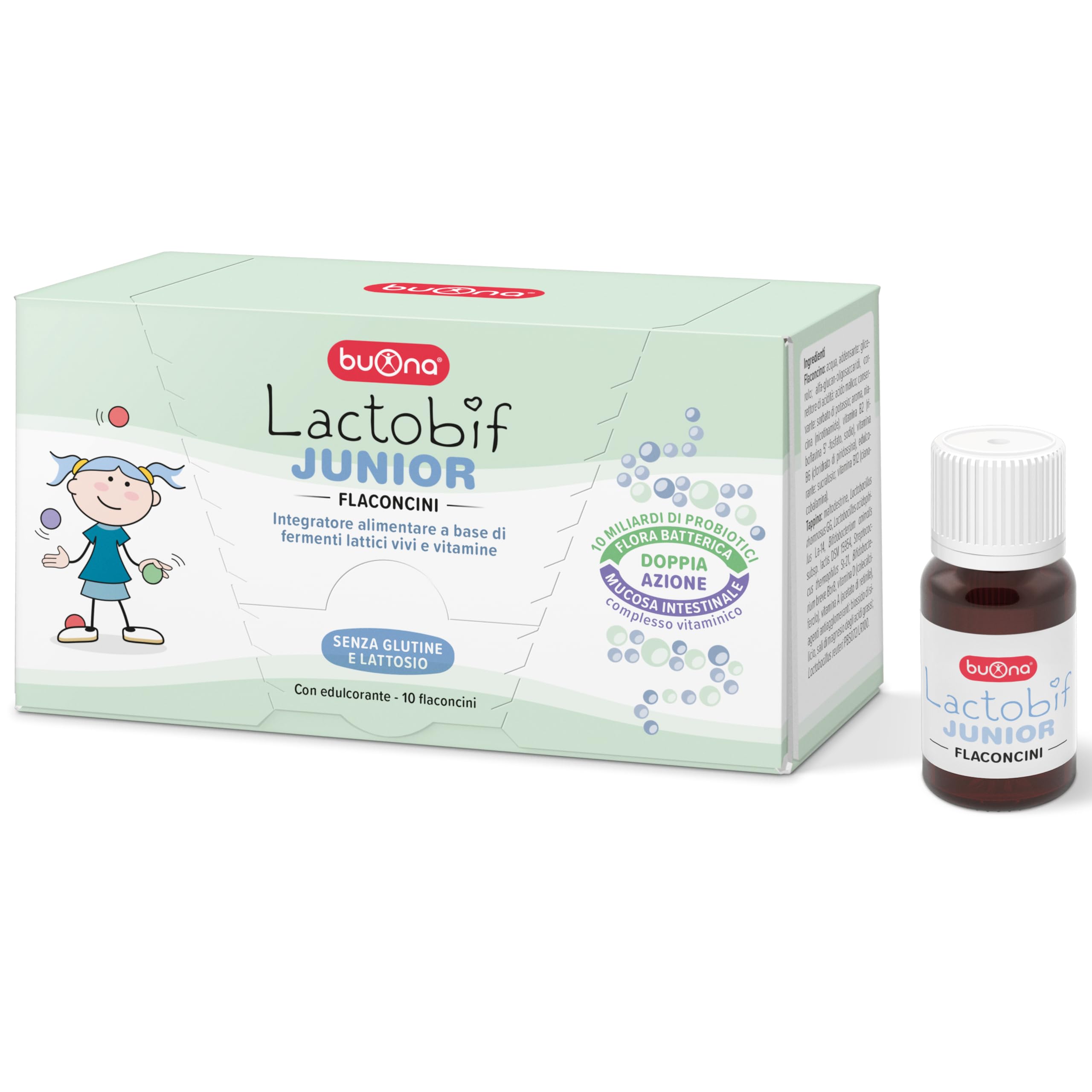 Buona Lactobif Junior 10x10ml, Fermenti Lattici Probiotici Bambini con LGG®, Equilibrio Flora Intestinale, Integratore Fermenti Lattici Bambini e Probiotici per Intestino, Senza Glutine e Lattosio