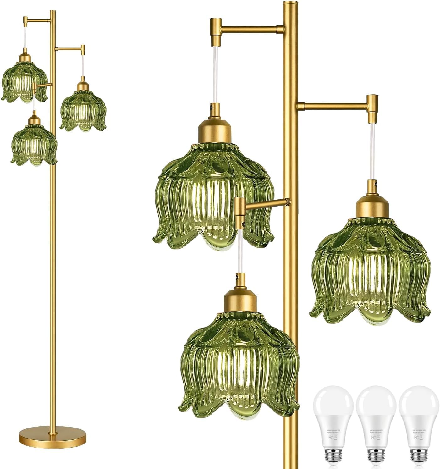 QIYIZM Gold Floor Lamp for Living Room,Bedroom,Mid Century Modern Standing Lamp Brass Tree 3 Light Tall Floor Lamps Vintage Retro Floor Lights Glass Green Flower Lamp Shade Farmhouse Boho Bohemian
