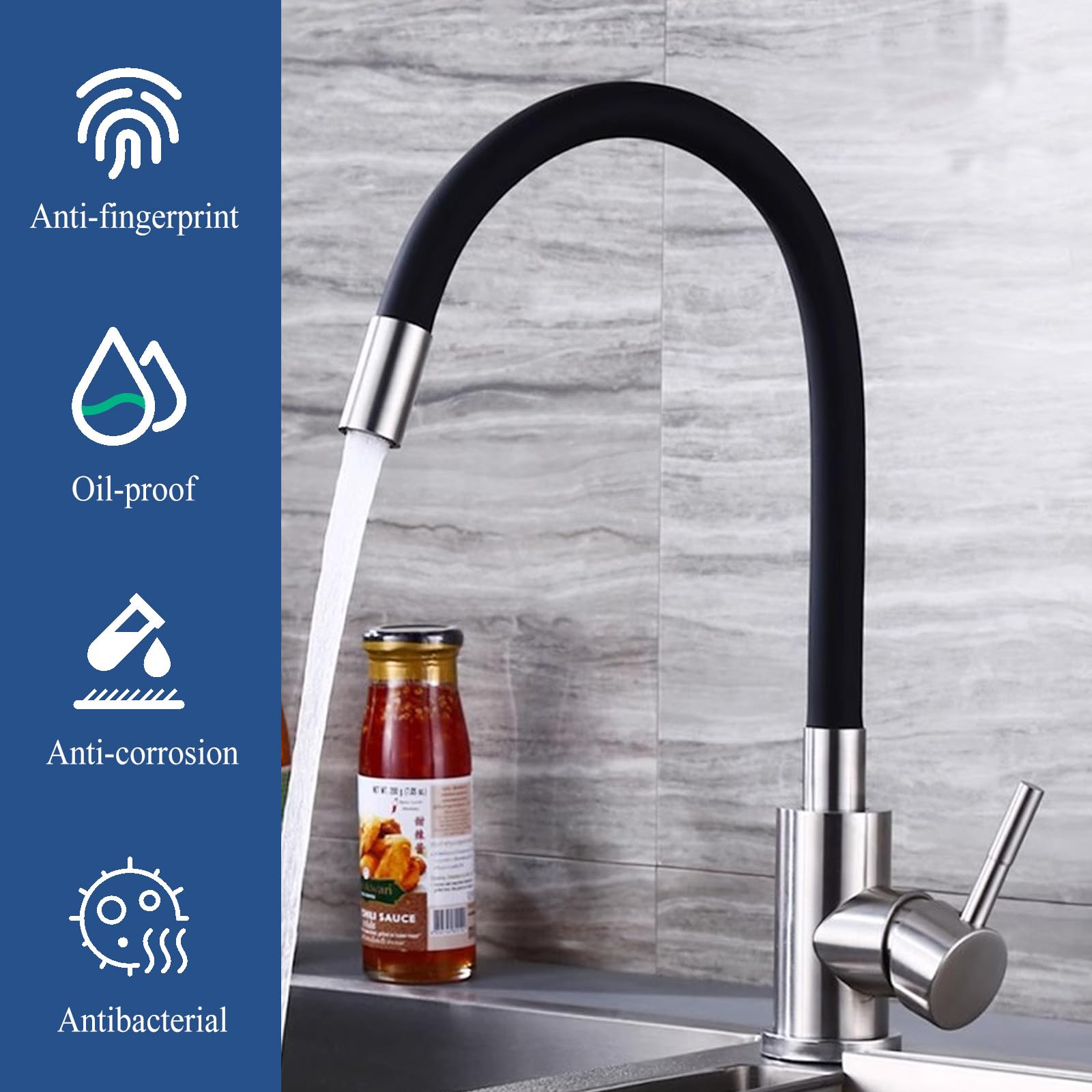 Grifo flexible para cocina, color negro, grifo de cocina de 360°, con caño flexible, de alta presión, grifo de cocina flexible, de acero inoxidable (cepillado)