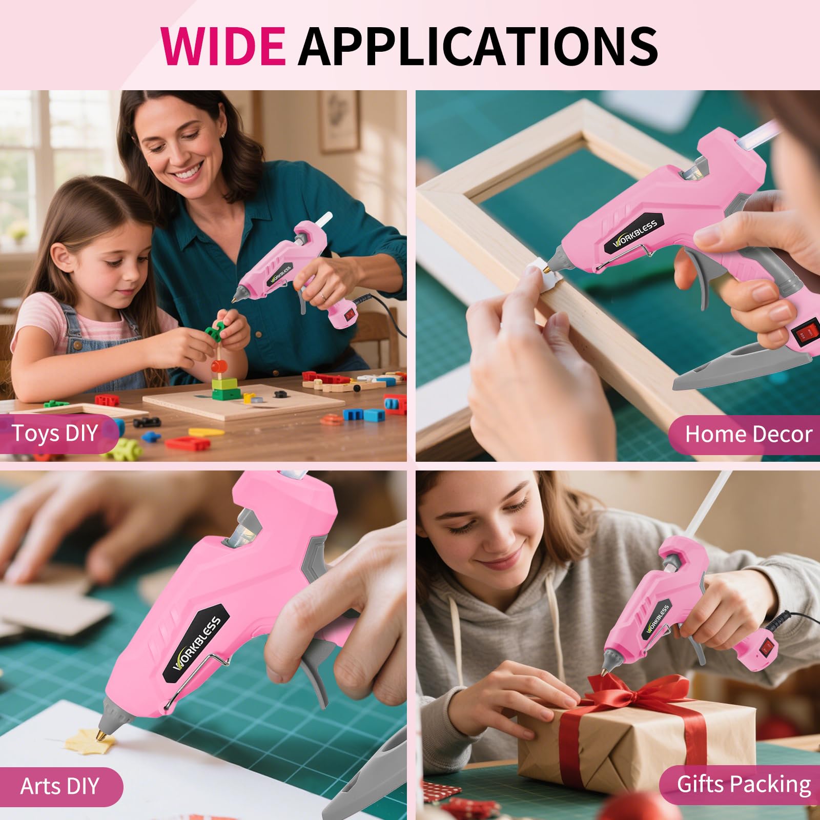 WorkBless - Pistola de pegamento caliente rosa, pistola de pegamento de doble temperatura 60 W/100 W, pistola de pegamento resistente y de calentamiento rápido con 20 barras de pegamento de