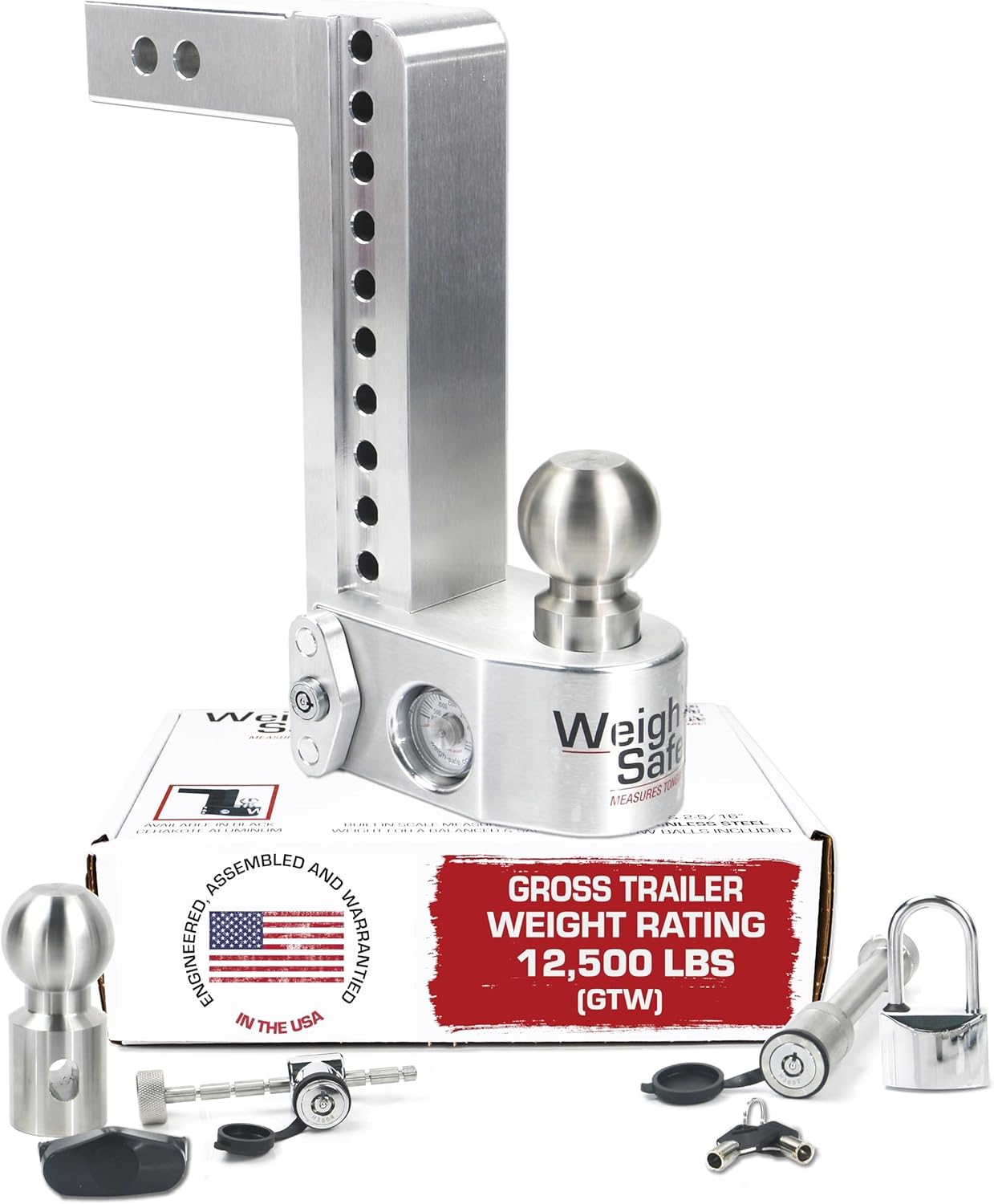 Weigh Safe Aluminum Adjustable Trailer Hitch - Towing Hitch with Built-In Tongue Weight Scale - Compatible with 2" Receivers - 10" Drop, Stainless Steel Tow Balls, 12,500 GTW, 4-Piece Lock Set