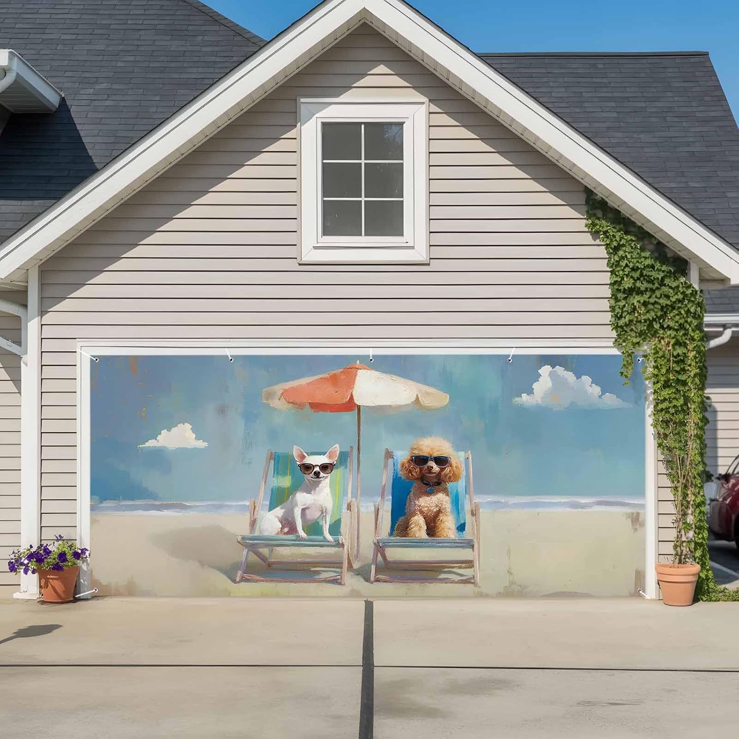Summer 7 x 16 ft Garage Door Cover Abstract Puppy Holidays Beach Dog Large Decorations Waterproof Banner for Holiday Outdoor Decor