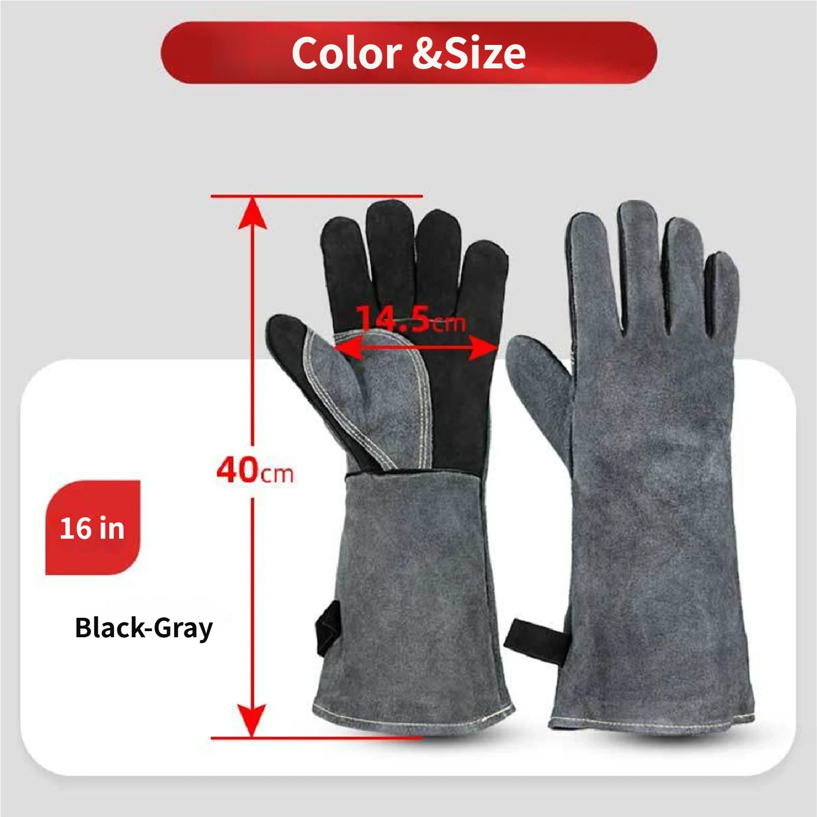 Guanti Barbecue, Guanti BBQ Resistenti al Calore Fino a 500°C, Pelle, Guanti da Saldatura Resistenti E Robusti per Cucina, Grigliate Black-Grey-40cm/15.75in
