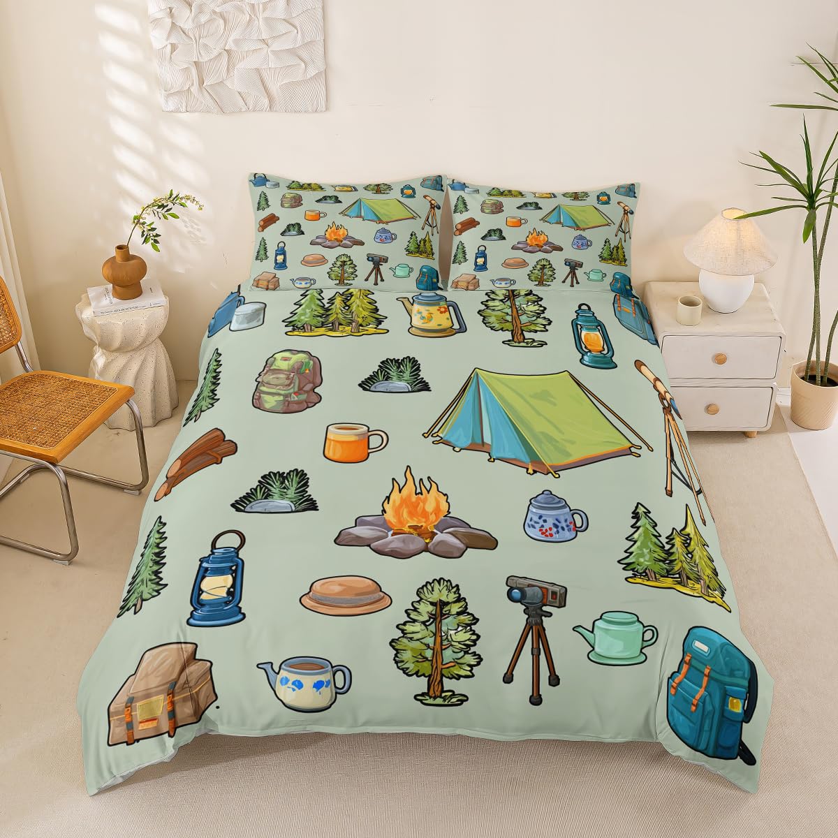 Loussiesd Funda de edredón con temática de campista verde, tamaño Super King, funda de edredón para niños y niñas, accesorios de caravana, juego de ropa de cama, 3 piezas, decoración de habitación