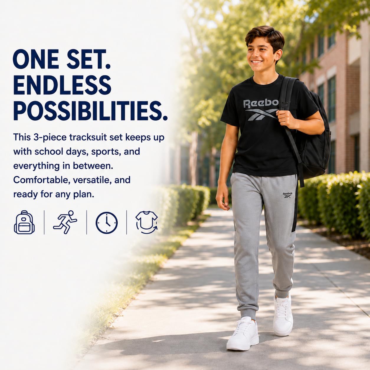Reebok Jogger-Set für Jungen, 3-teilig, athletischer Trainingsanzug mit Trikot-Reißverschluss, Jacke, T-Shirt und Jogginghose für Jungen
