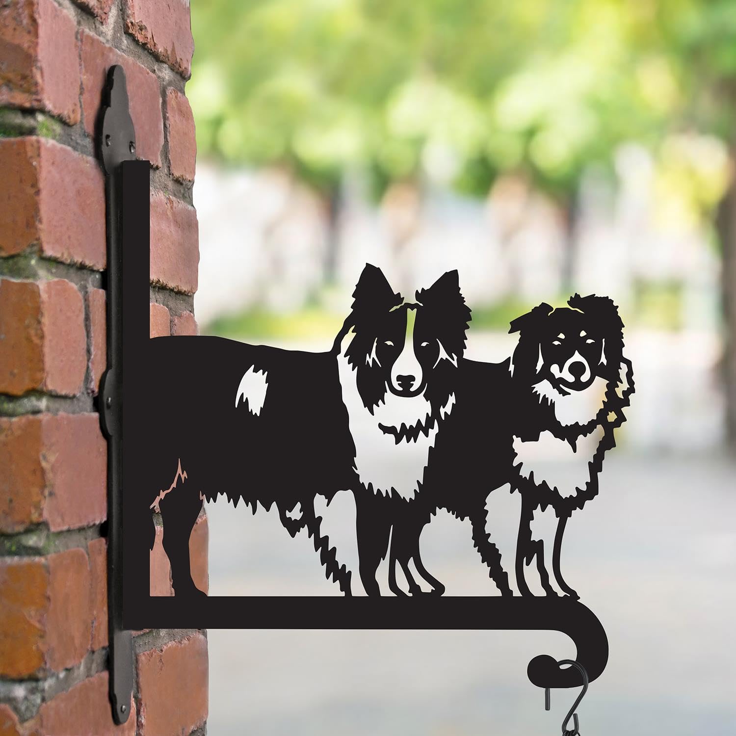 Black Country Metal Works Black Steel Border Collie Pair Hanging Basket Bracket - Wall Mounted Garden Plant Hook For Outdoor Baskets, Decorative Heavy Duty Garden Wall Hook