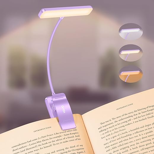 Gritin 19 LED Rechargeable Book Light for Reading in Bed with Memory Function- Eye Caring 3 Color Temperatures,Stepless Dimming Brightness,80 Hrs Runtime Clip on Light for Book Lovers-Purple