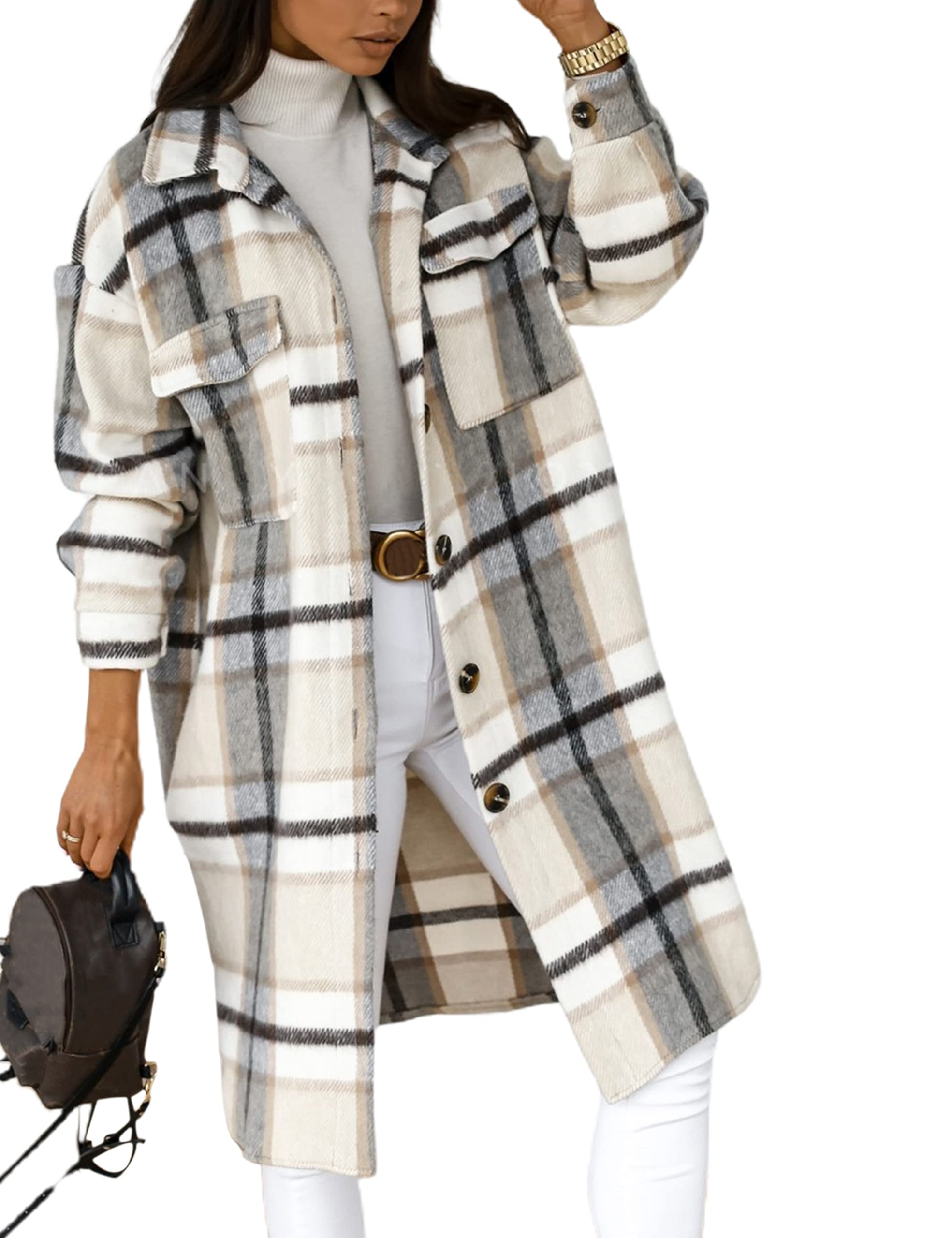 AMEBELLEWomens Fall long Flannel Plaid Grey Shacket Jacket Button UP Shirts Trench Coat