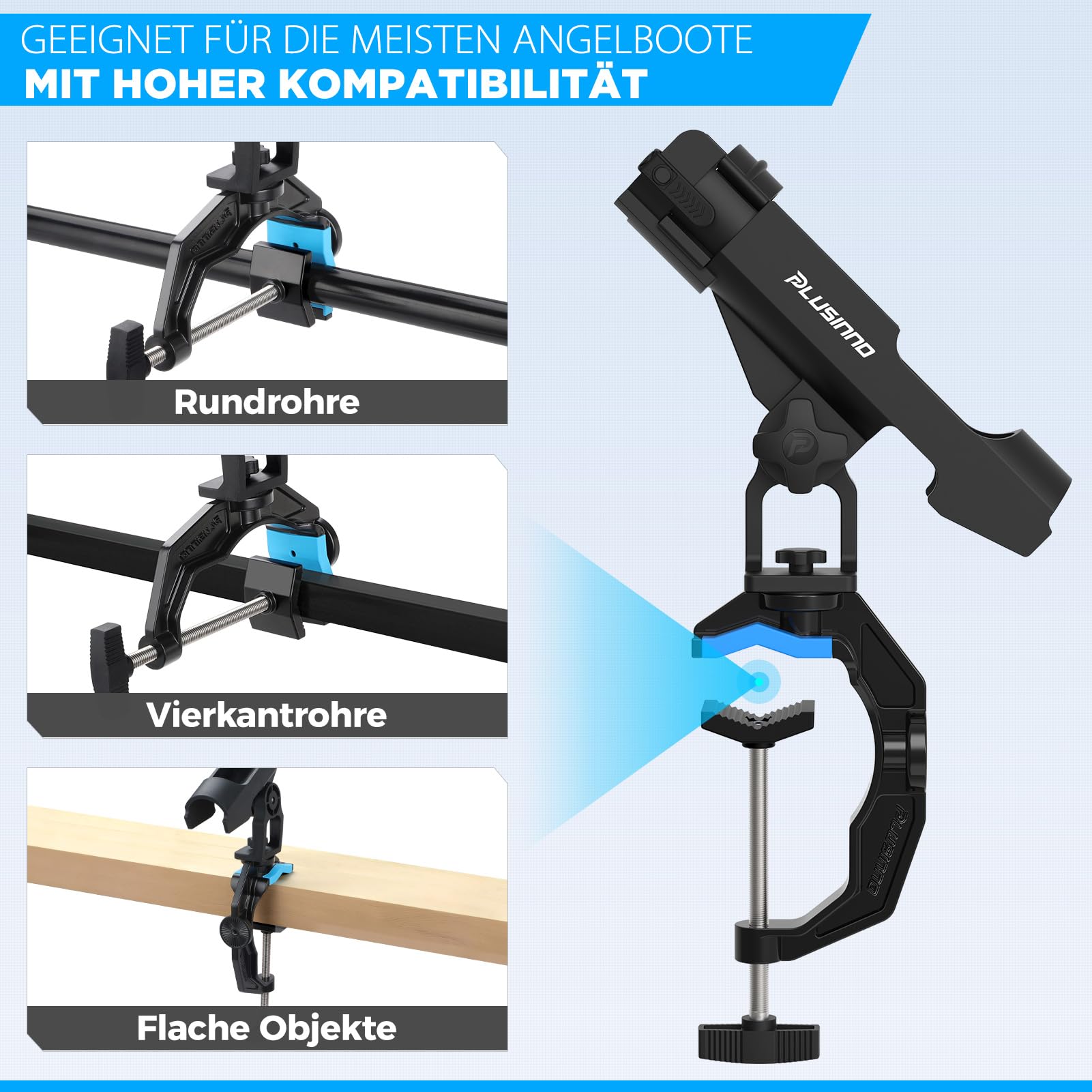 PLUSINNO Angelrutenhalter für Boote, Angelausrüstung mit vergrößertem Clip, innovatives Design in Doppel-V-Form, geeignet zum Angeln auf Rundrohr-/Vierkantrohrbooten, Angelgeschenk für Herren