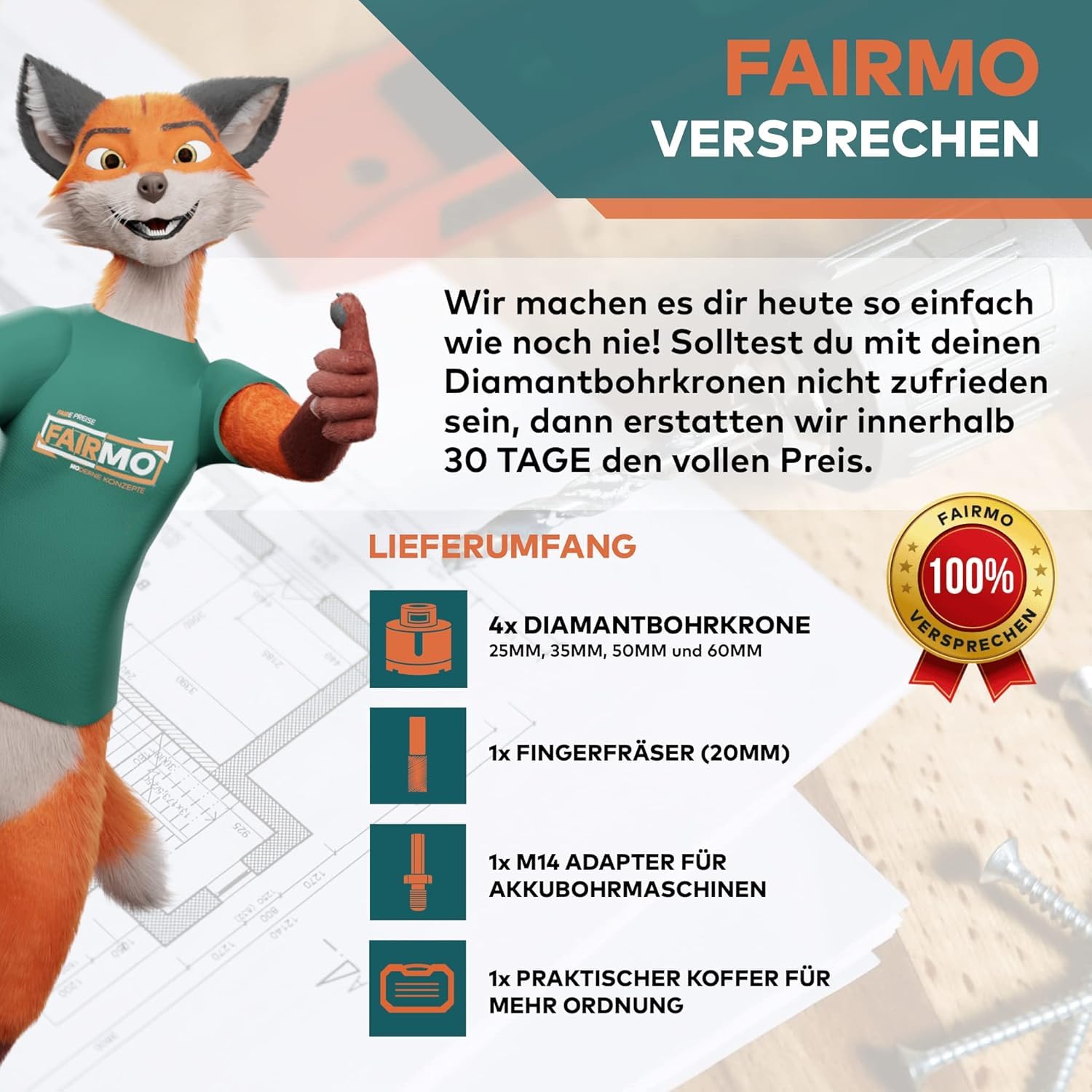 Das exklusive Diamantbohrer Set von Fairmo (5 Teile inkl. M14 Adapter) - Diamantbohrkronen Fliesenbohrer Set 68mm, 50mm, 35mm, 25mm, 20mm - Bohrkrone für harte Fliesen, Keramik, Beton, Feinsteinzeug