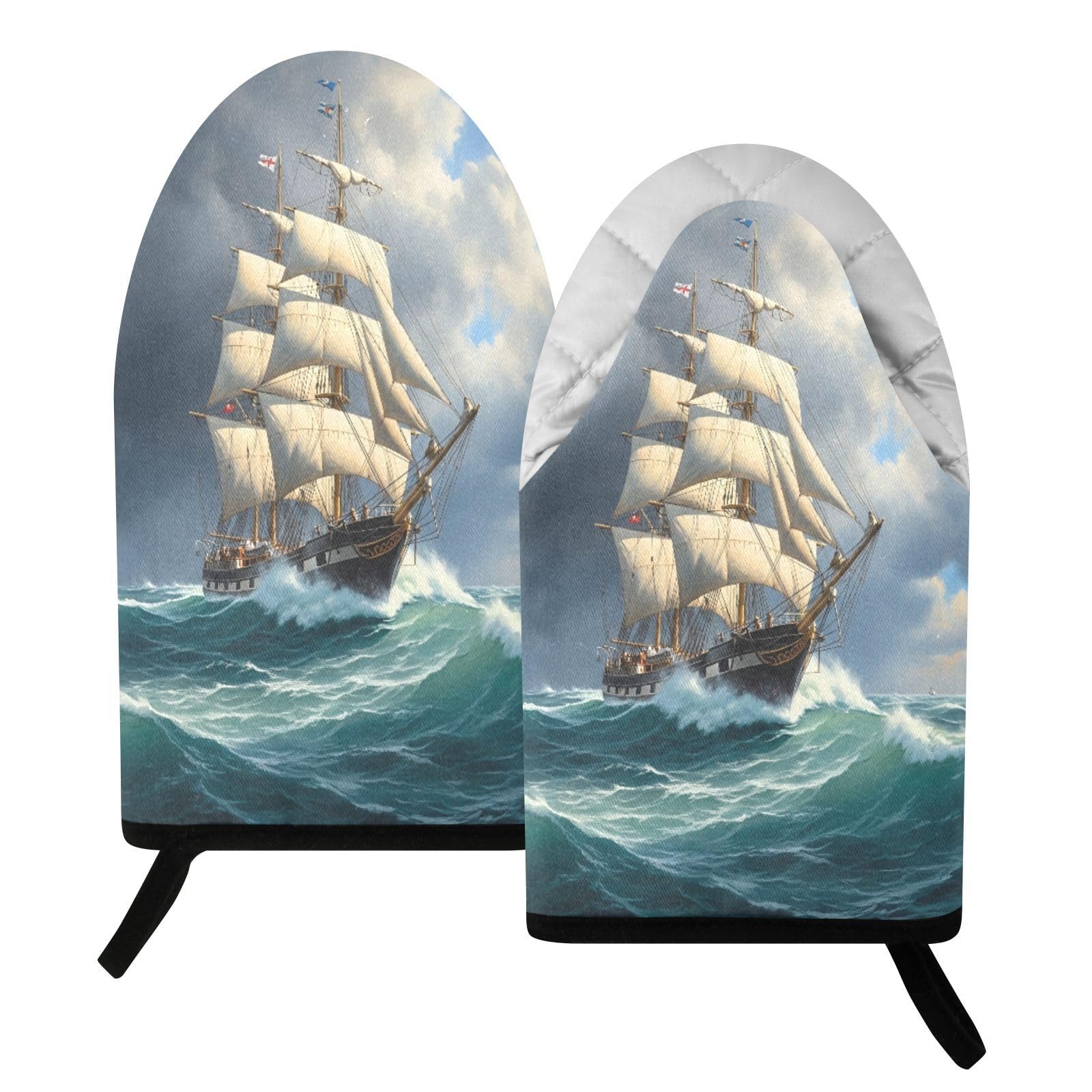 BURSTDDY Sailing Ships at Sea Oven Mitt,Heat Resistant Kitchen Mitts for Cooking