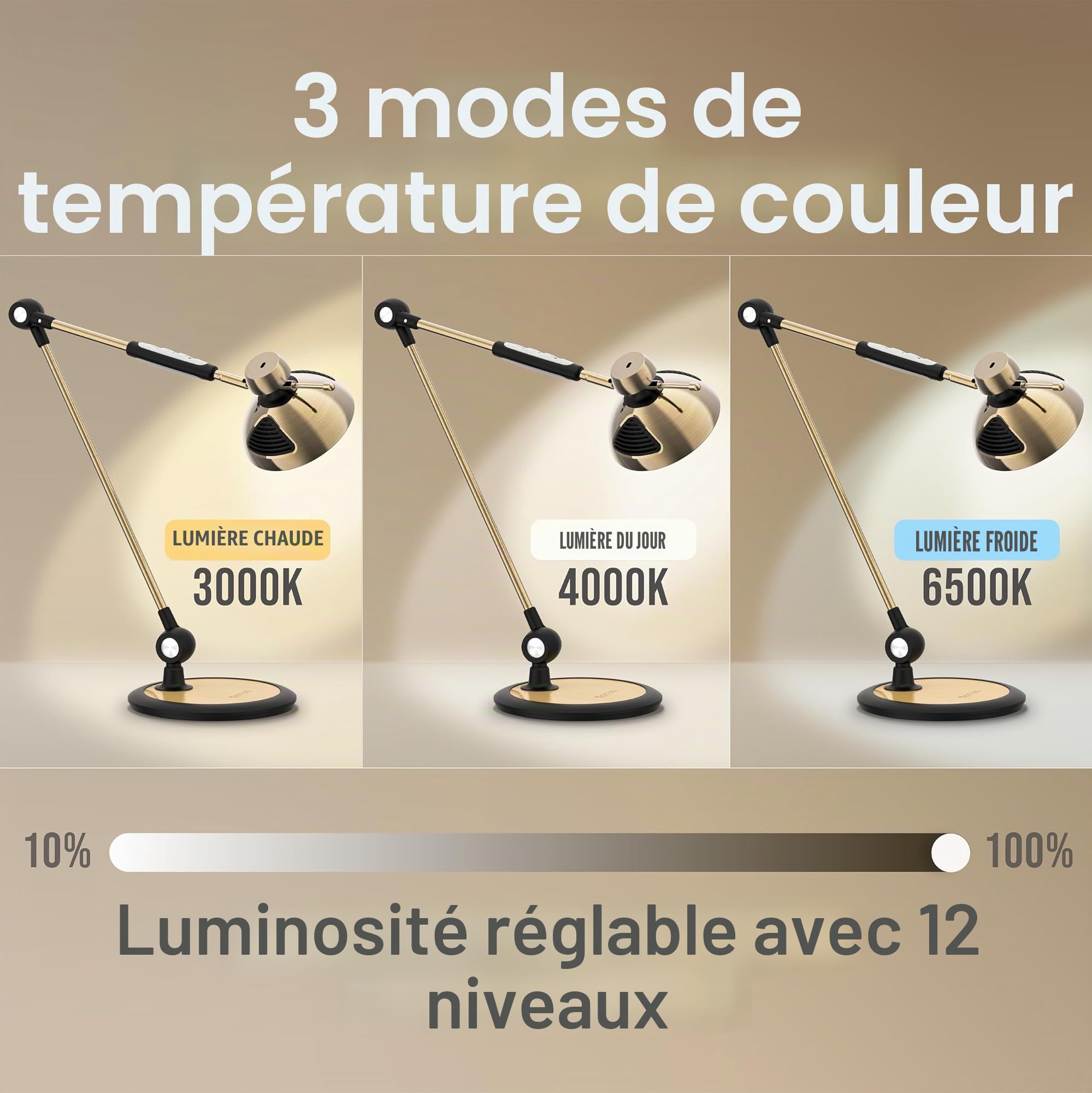 OTUS Lampe de bureau LED à intensité variable avec contrôle gestuel, lampe de bureau rétro, 3 modes de couleur, 12 niveaux de luminosité, bras flexible en métal, lampe de table LED et lampe de travail