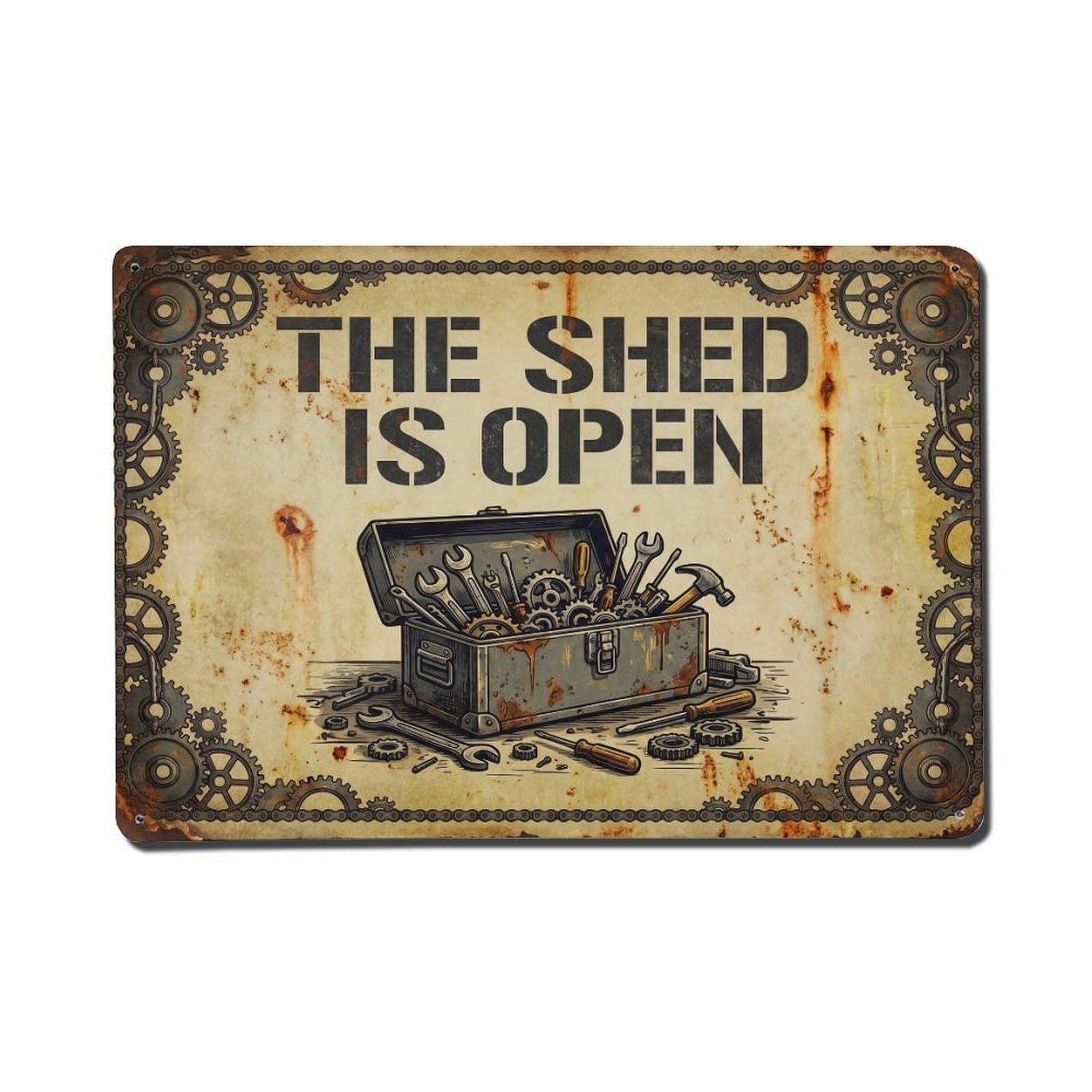 Shed Open Repair Tools DIY Workshop Welcome Metal Tin Sign Plaque Wall Decor for Cafe, Man Cave, Club Bar, Office, Home Garden Round Metal Poster 8x12Inch