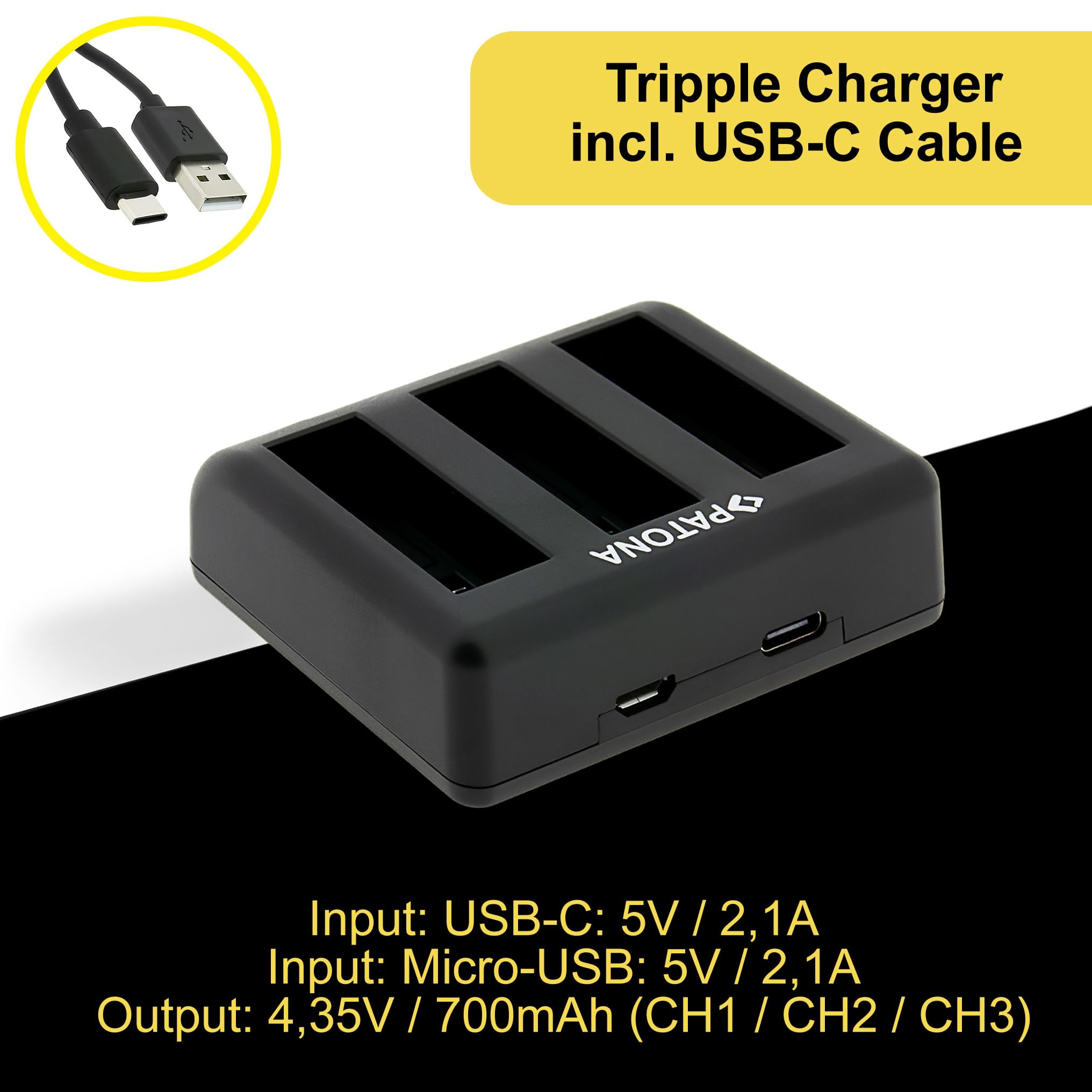 PATONA Potrójna ładowarka USB-C do DJI Osmo Action 3 4 5 6, BCX202 | Kompaktowa ładowarka podróżna (3-Fach) z kablem USB