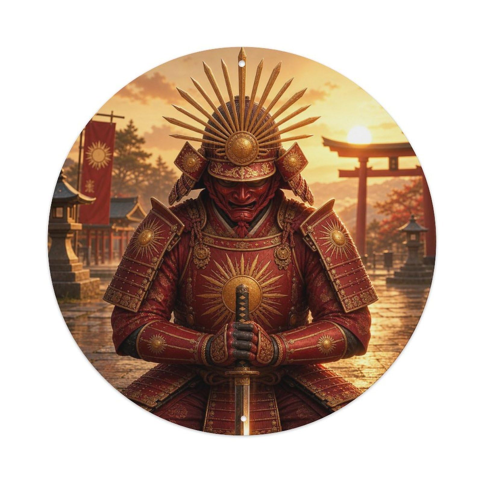 Okngb Style Moonlit Kneeling Honor Crimson Dawn Stance Katana Badge Metal Tin Sign Plaque Wall Decor For Cafe, Man Cave, Club Bar, Office, Home Garden Round Metal Poster 8X8inch