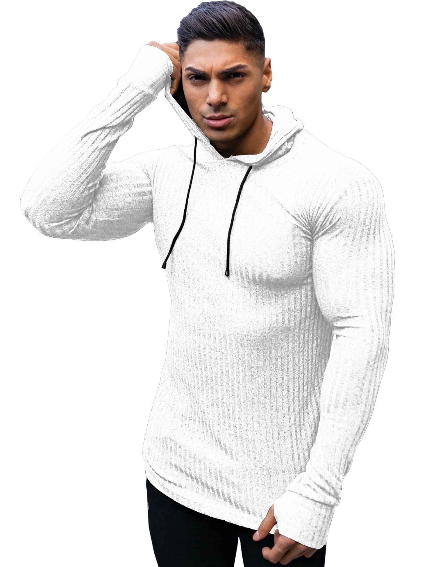 KELLORENAMen's Muscle Hoodies Stretch Long Sleeve Hooded Sweatshirt Fashion Lightweight Ribbed Gym Shirt