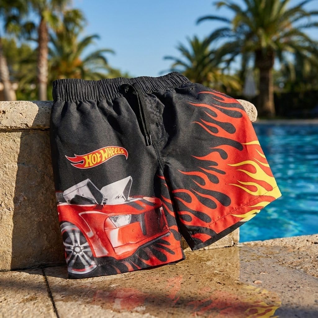 Hot Wheels Bermuda Badehose für Kinder – Strand- und Pooltaugliche, schnelltrocknende und chlorbeständige Badehose mit verstellbarem Kordelzug und Taschen