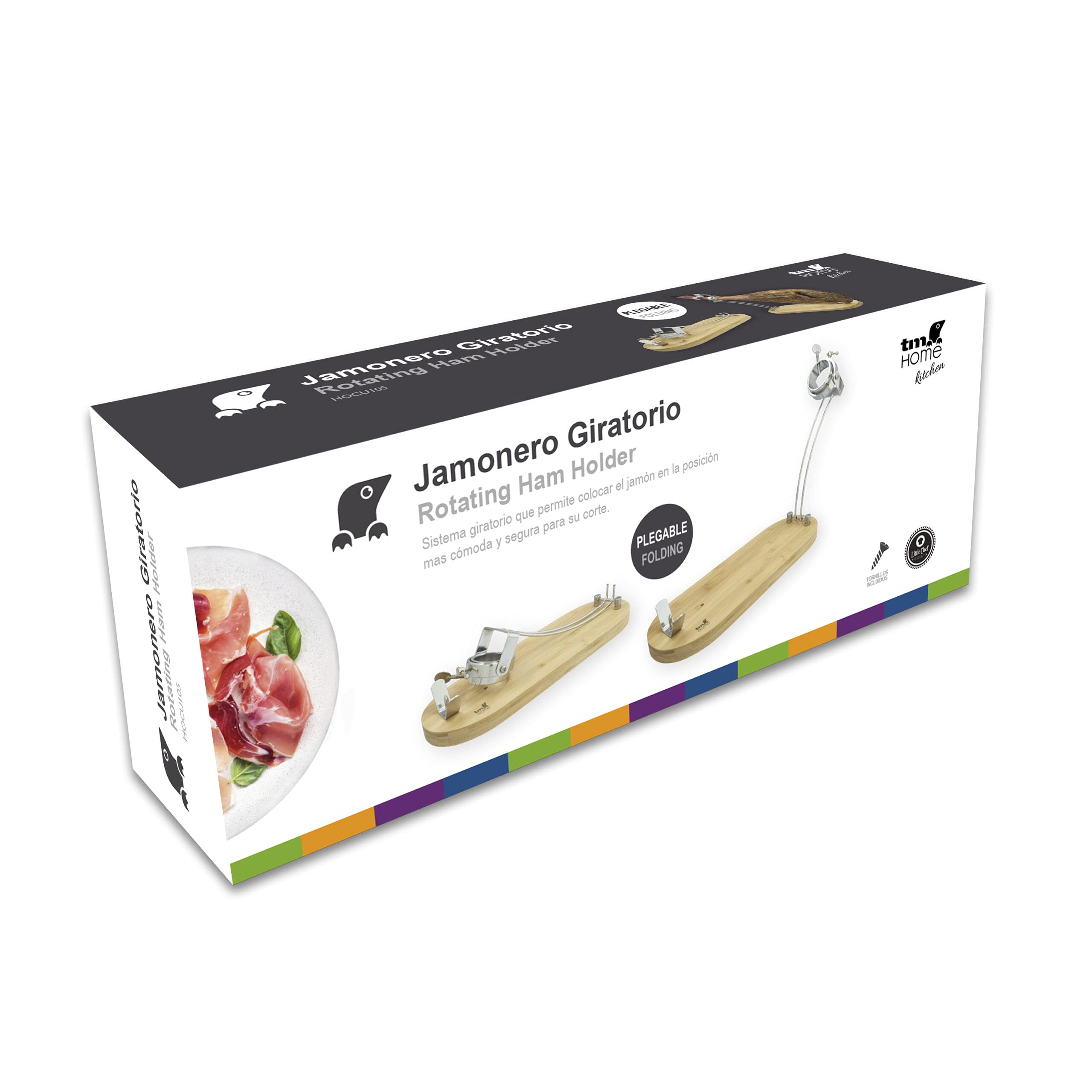 TM Electron HOCU105 Jamonero de Madera de bambú, Tacos de Silicona para una Buena adherencia, Sistema de Plegado, con Cabezal Giratorio Ajustable Ideal para Todo Tipo de paletillas y jamones