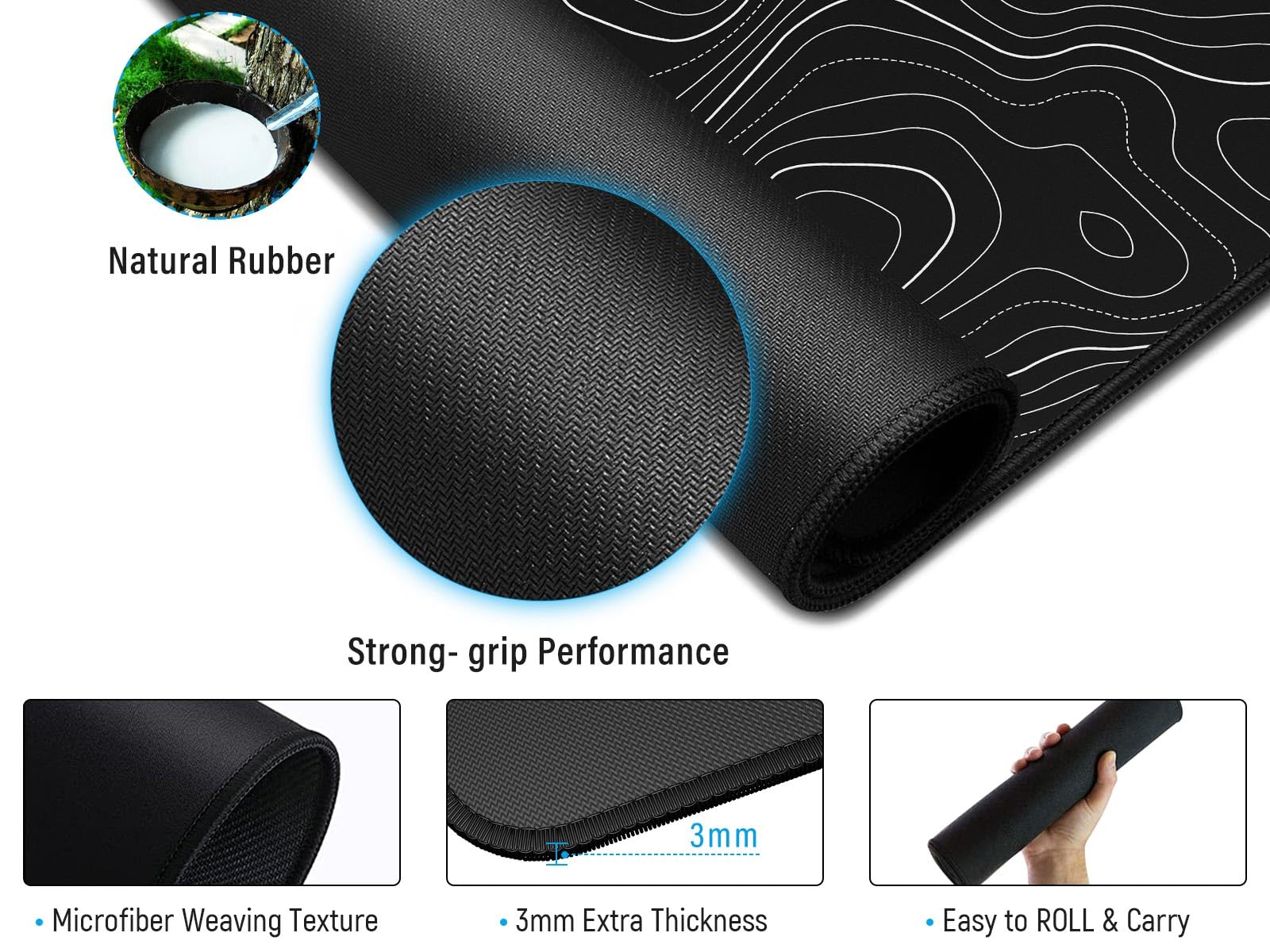 JIALONG Tappetino Mouse Gaming, Grande Mouse Pad XXL Confortevole, Lavabile, Antiscivolo Tappetino Scrivania Supporto per Computer, PC e Laptop - Topografico Nero