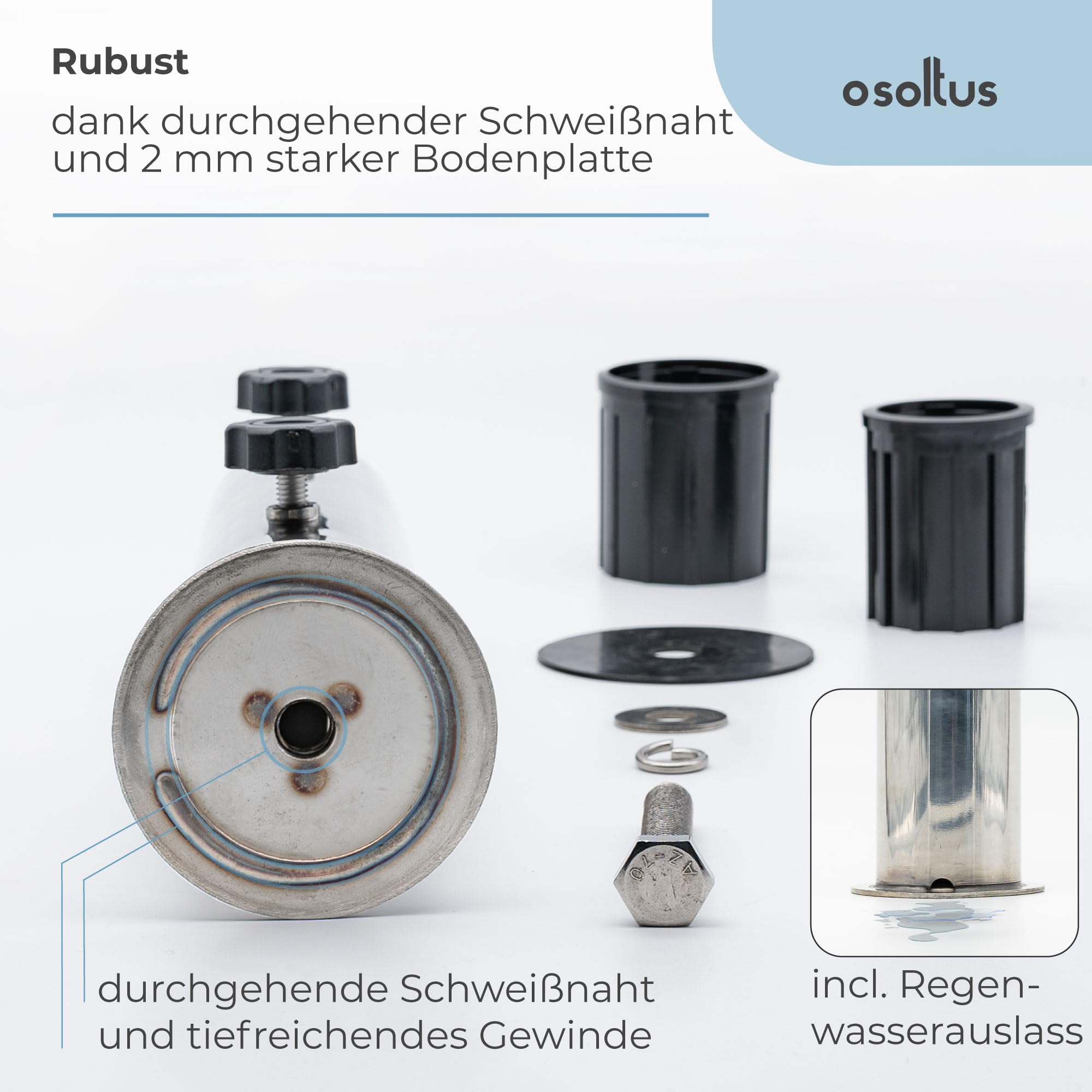 osoltus Universal Schirmrohr Edelstahl mit Schirmrohrschutz | Sonnenschirmrohr für Sonnenschirmständer Granit-/Betonsockel mit Reduzierringen | Schirmrohrdurchmesser 39-58 mm
