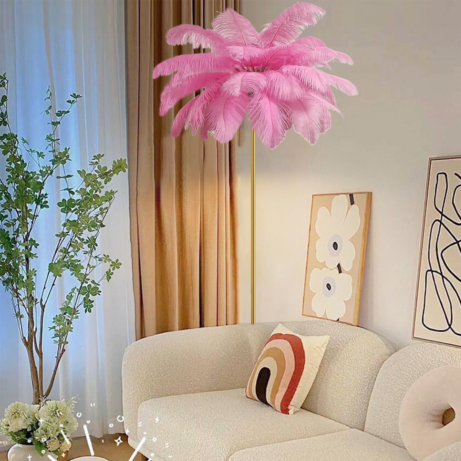 ANram Feather Lamp Bedside Lamps Dimmable Floor Lamp, 6 x LED Bulbs Included Tall Lamp Standing Light for Bedroom with Feather Lampshade (160cm/66.9in),Pink,Large