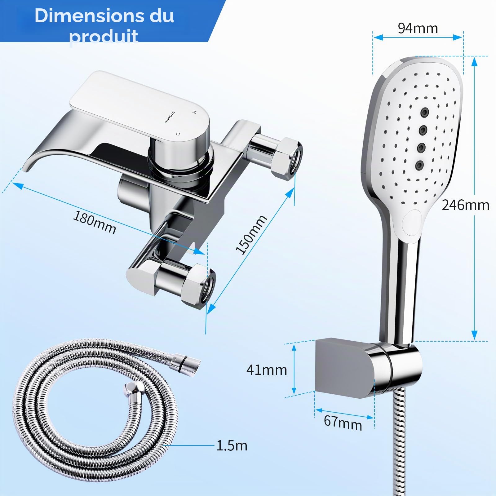 Robinet de Baignoire avec Douchette, Mitigeur en Laiton | Robinet Cascade, 3 Fonctions, Bouton Poussoir, Robinet à Une Main, Robinet de Baignoire pour Salle de Bain