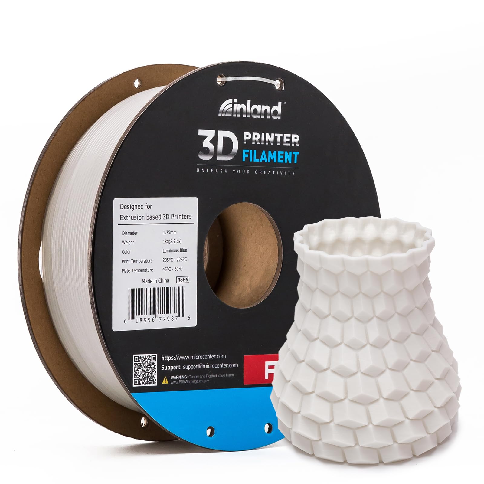 inland micro center pla+ 3d printing filament 1.75mm - pla pro dimensional accuracy +/- 0.03 mm - 1kg cardboard spool (2.2 lbs) (1 pack luminous blue, 1.75mm)