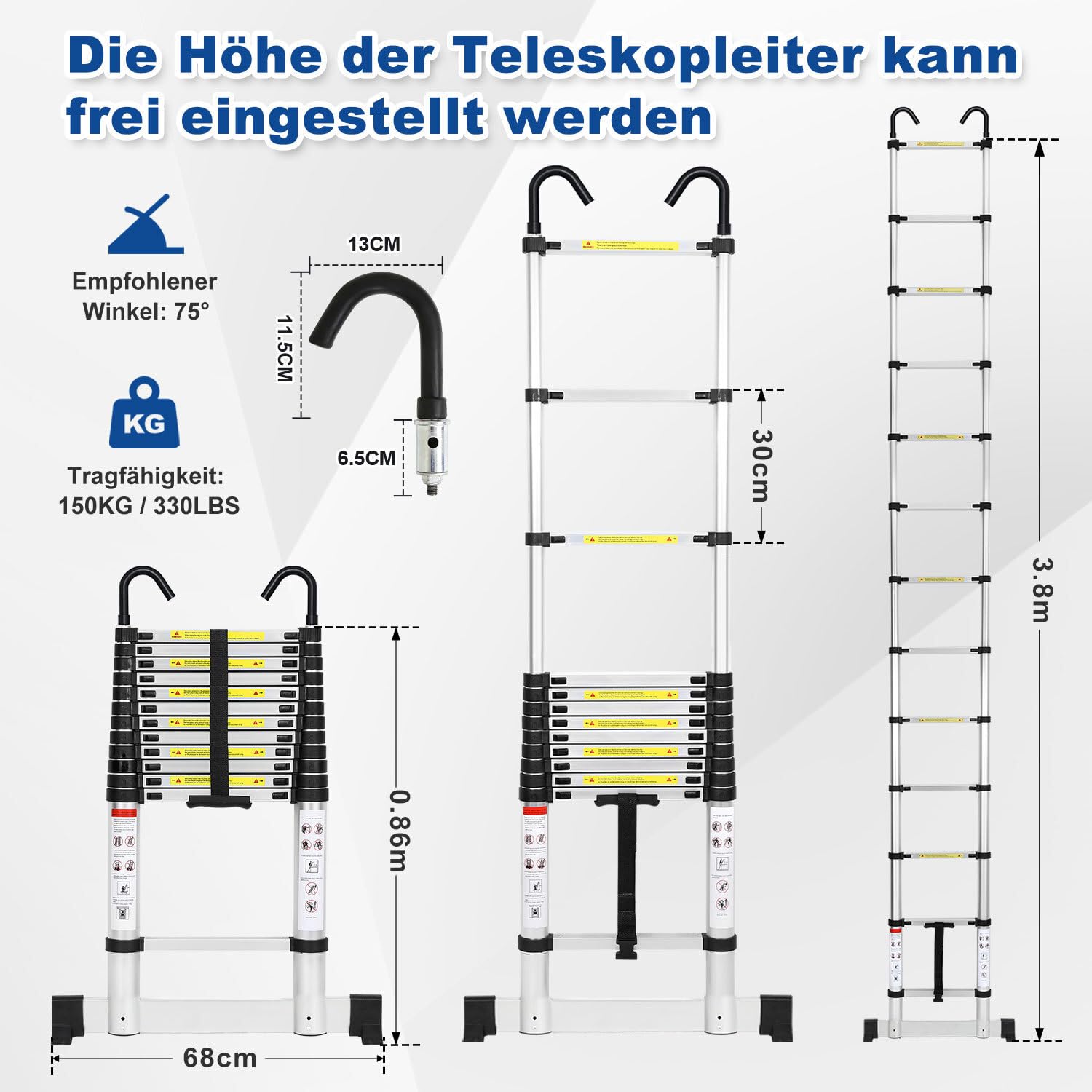 Échelle télescopique en aluminium de 3,8 m - Échelle extensible avec stabilisateur et crochets amovibles - Antidérapante - Multifonction - Charge maximale : 150 kg