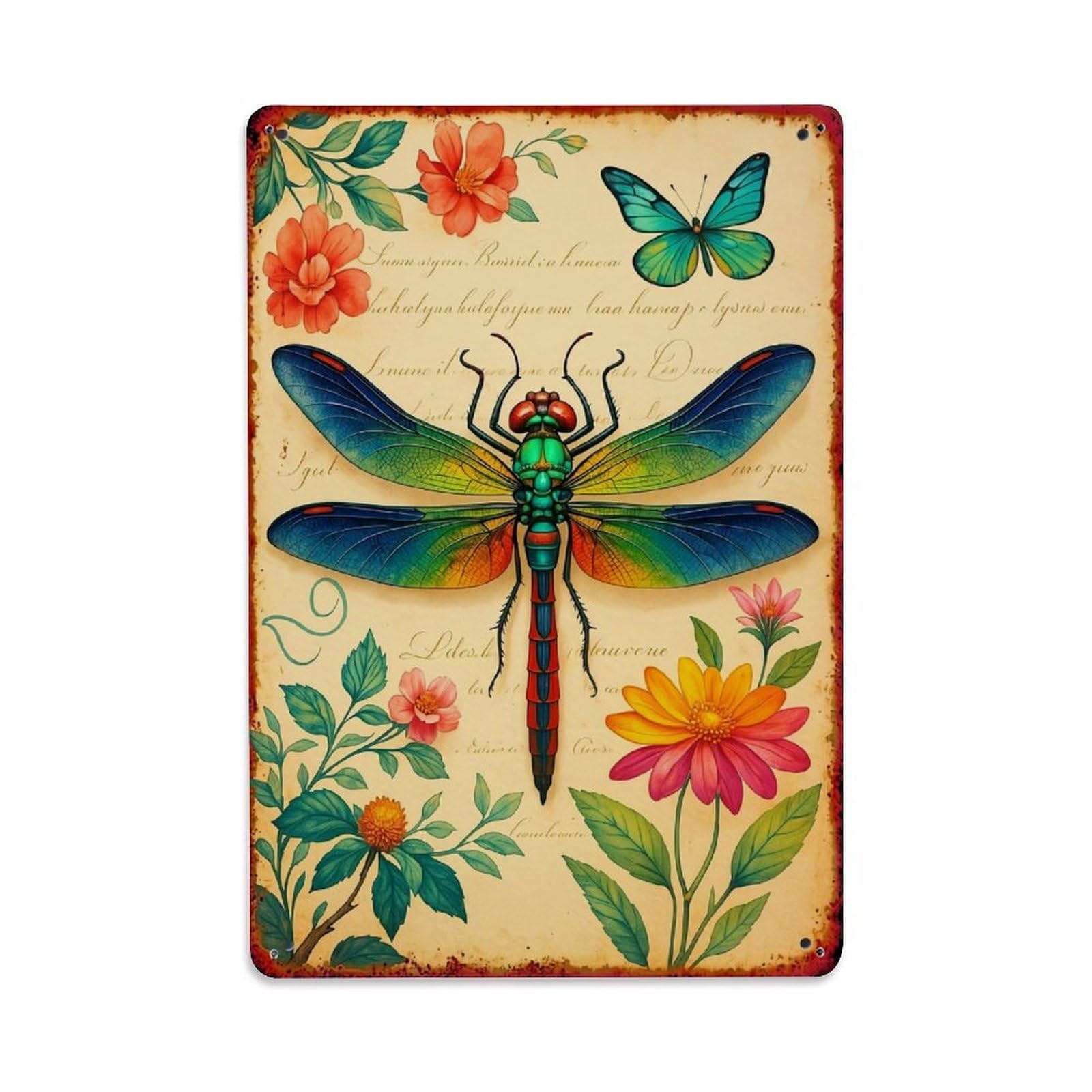 Jdyaojiesheng Vintage Dragonfly Butterfly Flowers Leaves Script Tin Sign Retro Metal Wall Decor Metal Poster, Home Bar Garage Farmhouse Cafe Wall Art Decoration 8X12inches
