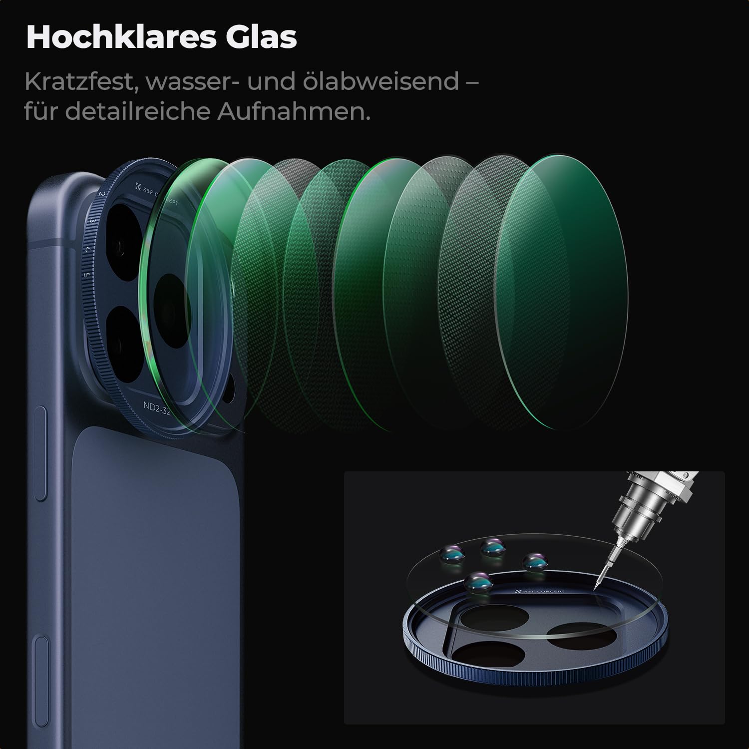 K&F CONCEPT FA301 Snap-On ND2-32 Filter kompatibel mit iPhone 17 Pro/Pro Max, 11,2g extrem Leichter VND-Filter mit Snap-On Deco-Halterung, AGC-Glas mit 28-Schichten-Beschichtung, dunkelblau
