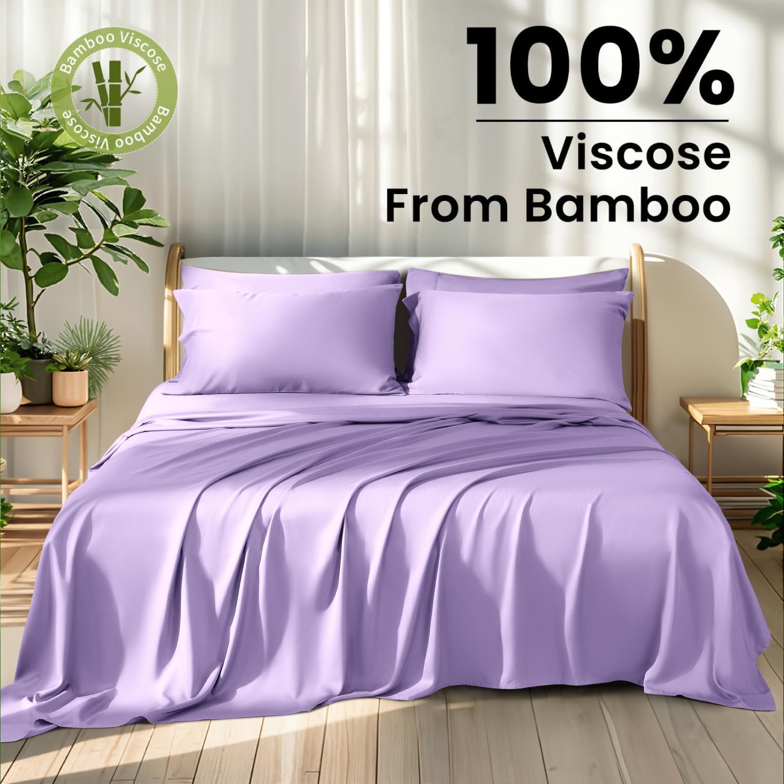 Shilucheng 100% Viscose Derived from Bamboo_ Sheets King Size 4pcs - Ultra Cooling & Silky Soft Bed Sheets, 16" Deep Pocket, Perfect for Hot Sleepers, Hotel Bedding Sheets (French Blue): 11 - Lilac Queen (6 Piece Set)