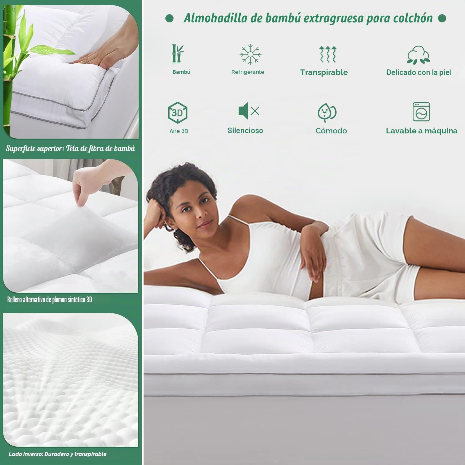 GRT sobrecolchón 150x200x6 cm, con Superficie de Fibra de bambú y Relleno Alternativo de Copos 3D. Este Topper es Transpirable, Ultra Suave y silencioso