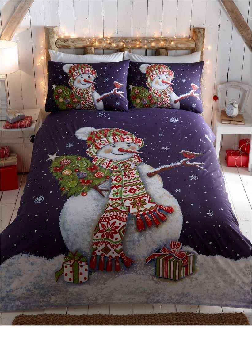 Happy Snowman Christmas Quilt Duvet Cover and 1 Pillowcase Bedding Bed Set, Blue, Single