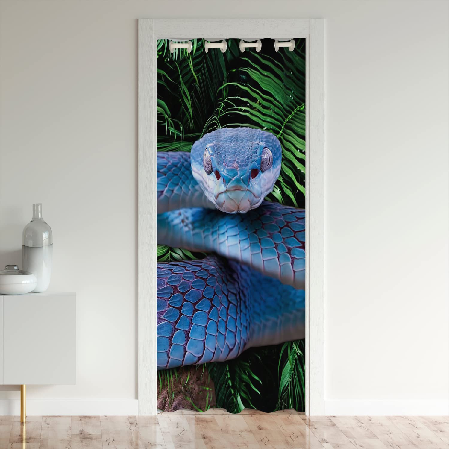 Snake Door Curtain For Doorway Privacy, Blue Snake Blackout Curtain, 3D Reptile Blue Scales Door Drape, Palm Leaf Wild Animal Stylish Closet Curtain For Kids Boys Teens Man, 1 Panel, 34"W X 80"L