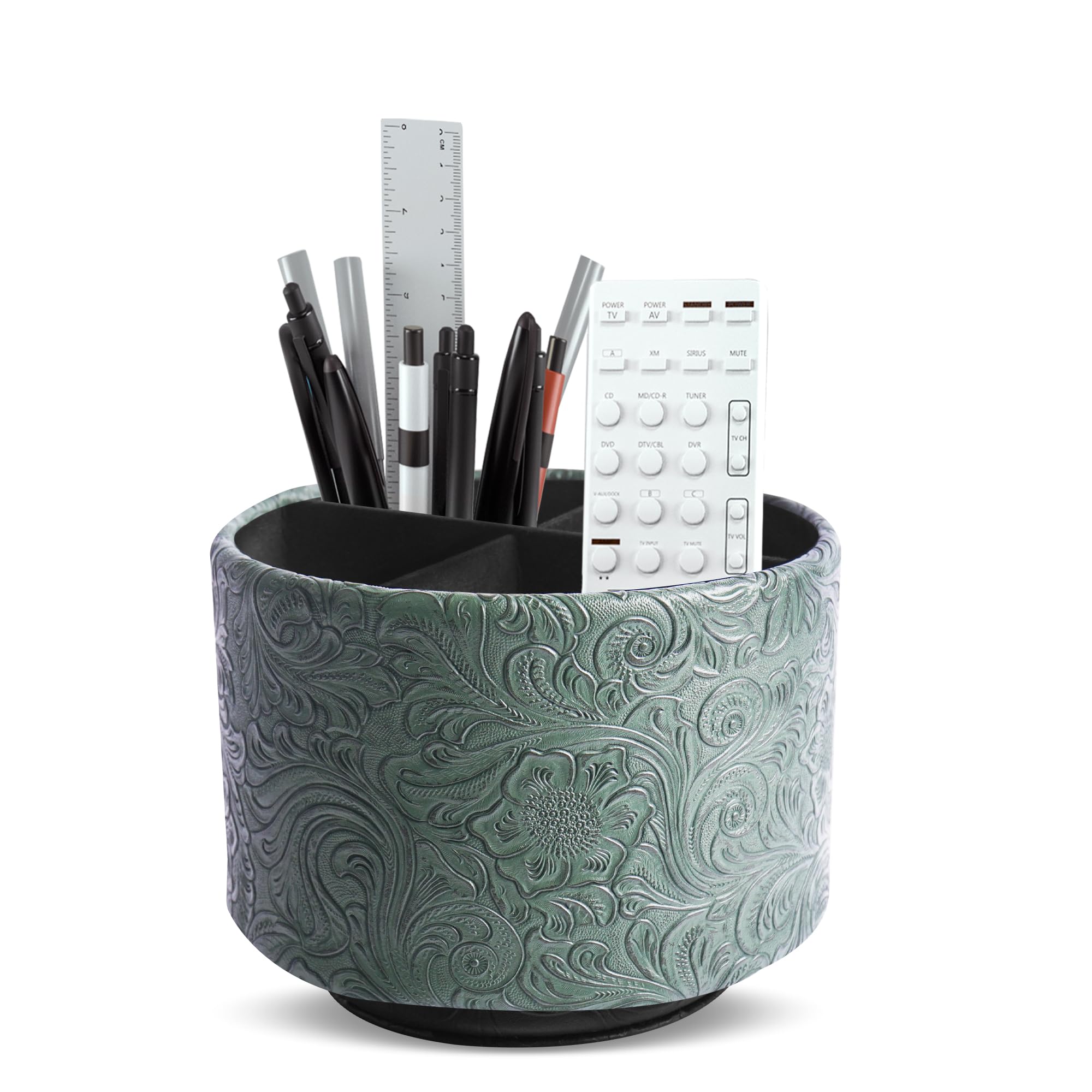 Mtzmy Round Leather Art Supply Organizer,Remote Control Holder,360 Degree Spinning,Multi-Functional Pencil Holder,4 Compartments Desktop Stationary Organizer(1-Carved Cooper Green) — image 1