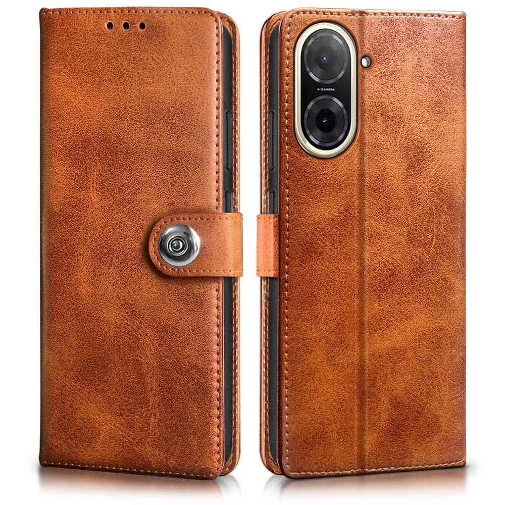 Leather Flip Case Cover Compatible with Back case Cover for Redmi A7 |Designer Button| Hand-Stitched Leather Finish| Lightweight| Inbuilt Card Pockets|(Brown)