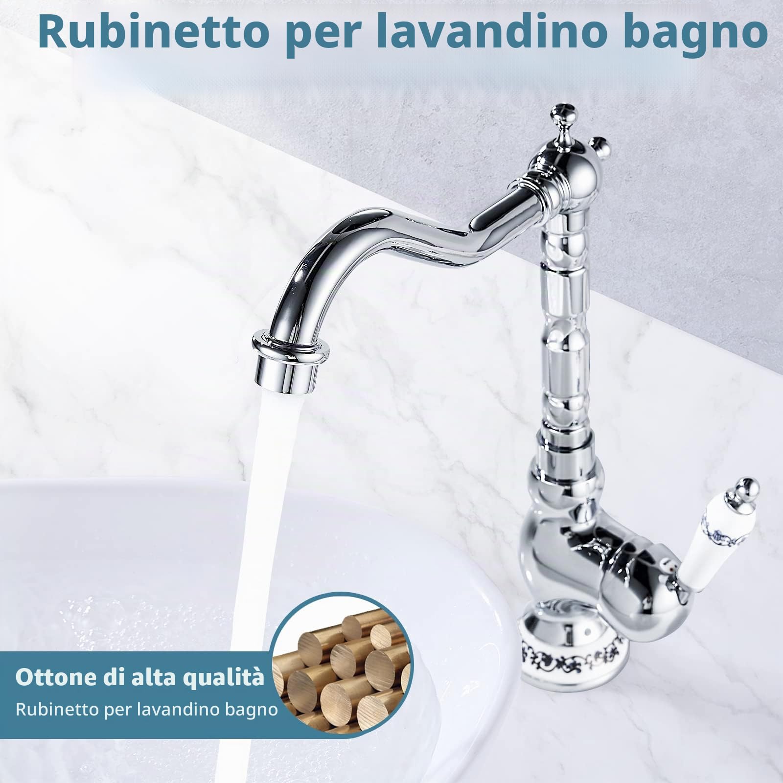 Rubinetto Ottone Antico Bacino,Rubinetto Alto per Lavabo Bagno,Cromato Monocomando Miscelatore Vintage,G3/8