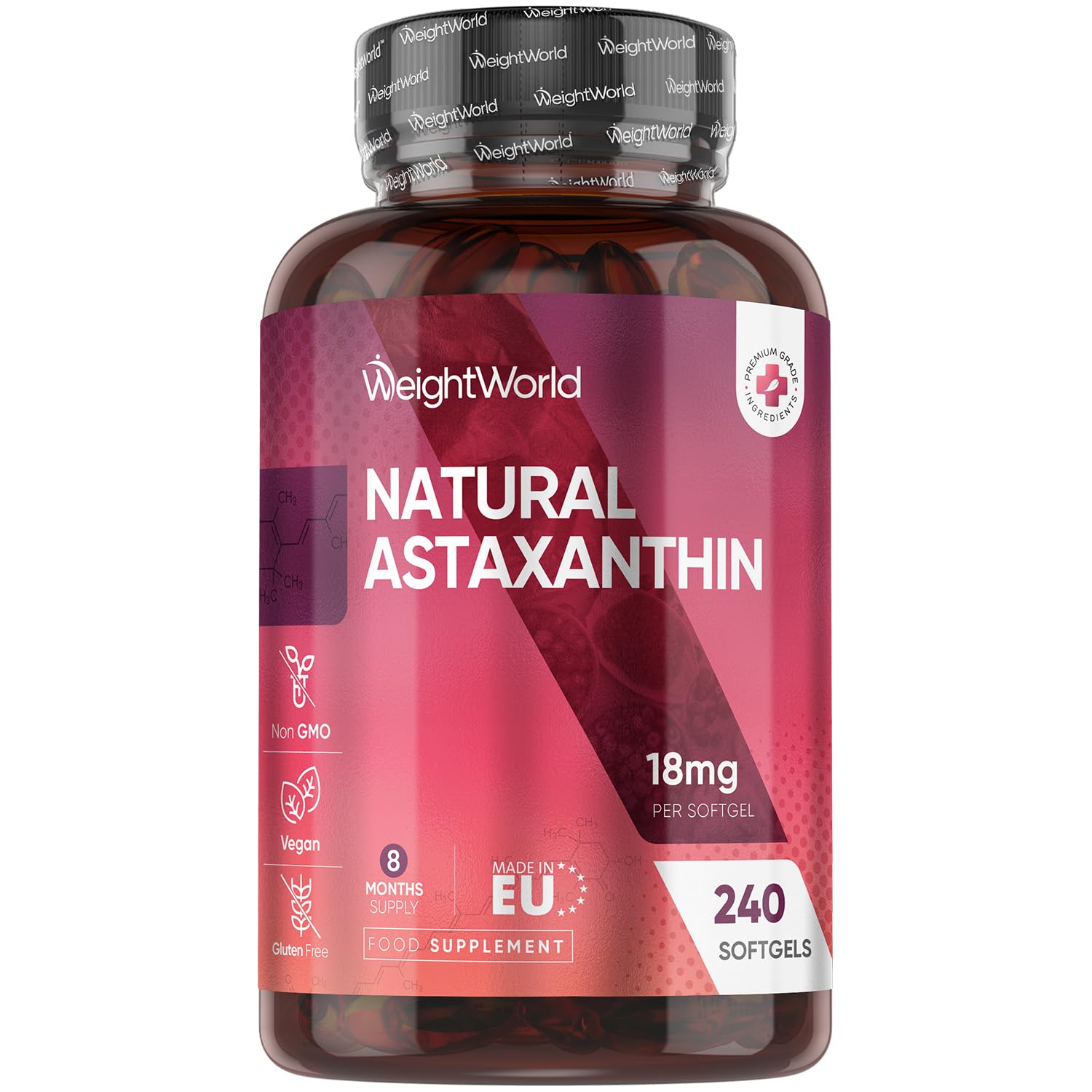 WeightWorld Natural Astaxanthin 18mg - 240 Softgels - 8 Months Supply - Vegan Astaxanthin Supplements - Sourced from Haematococcus Pluvialis Algae - Non-GMO & GMP-Approved - for Both Men & Women